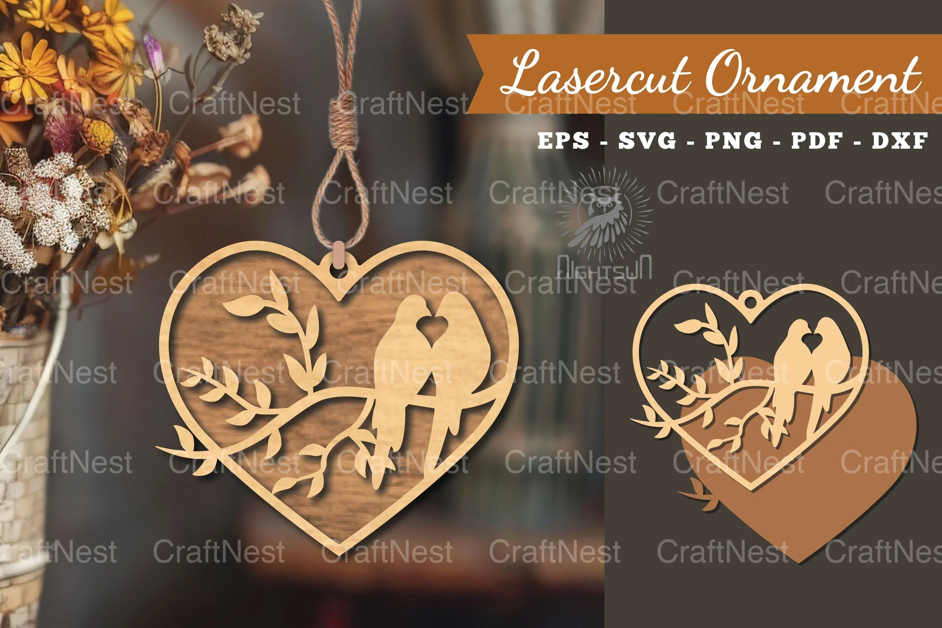 1788 Couple Birds Laser Cut Ornament Clipart