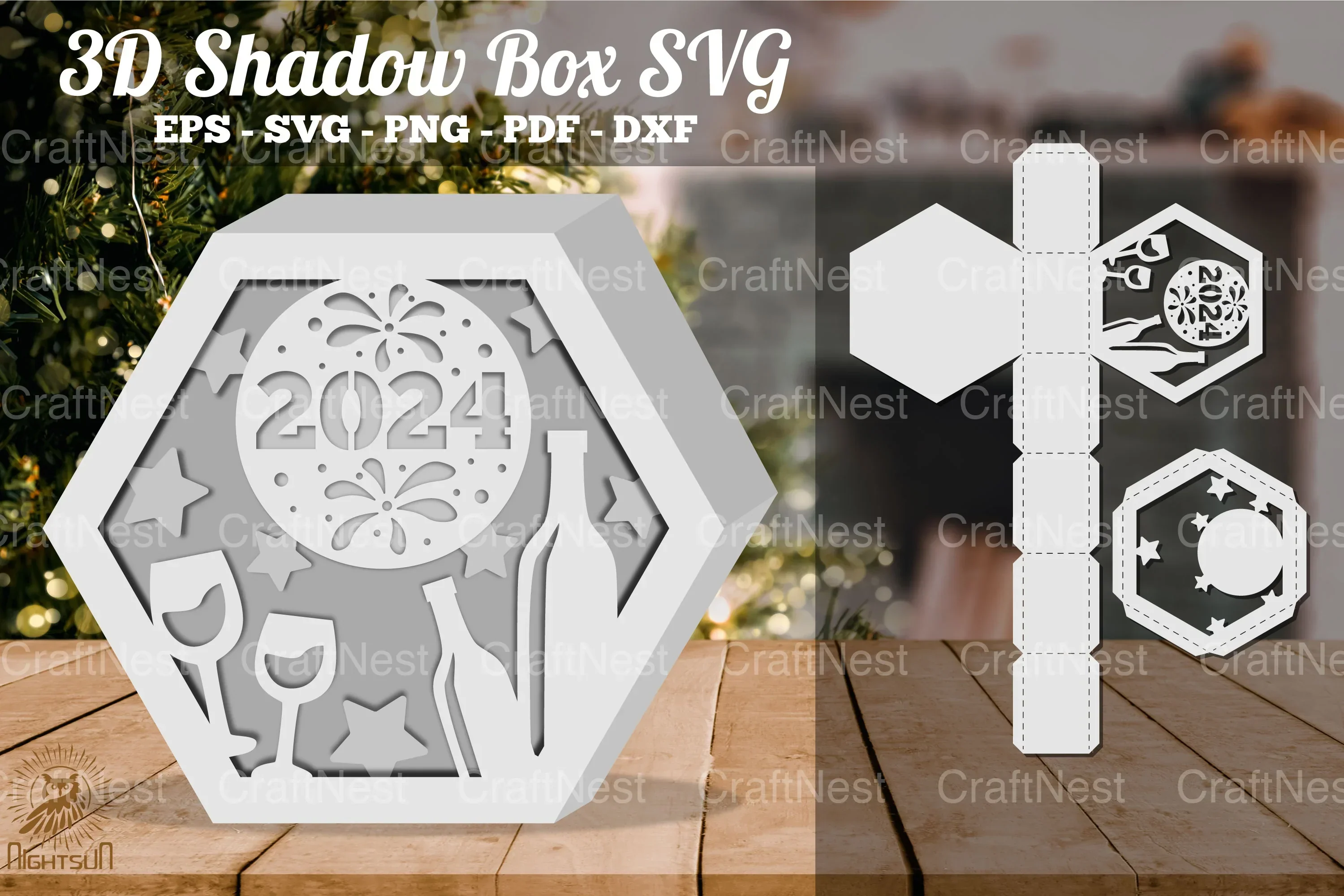2024 New Year Hexagon Shadow Box Clipart Bundle