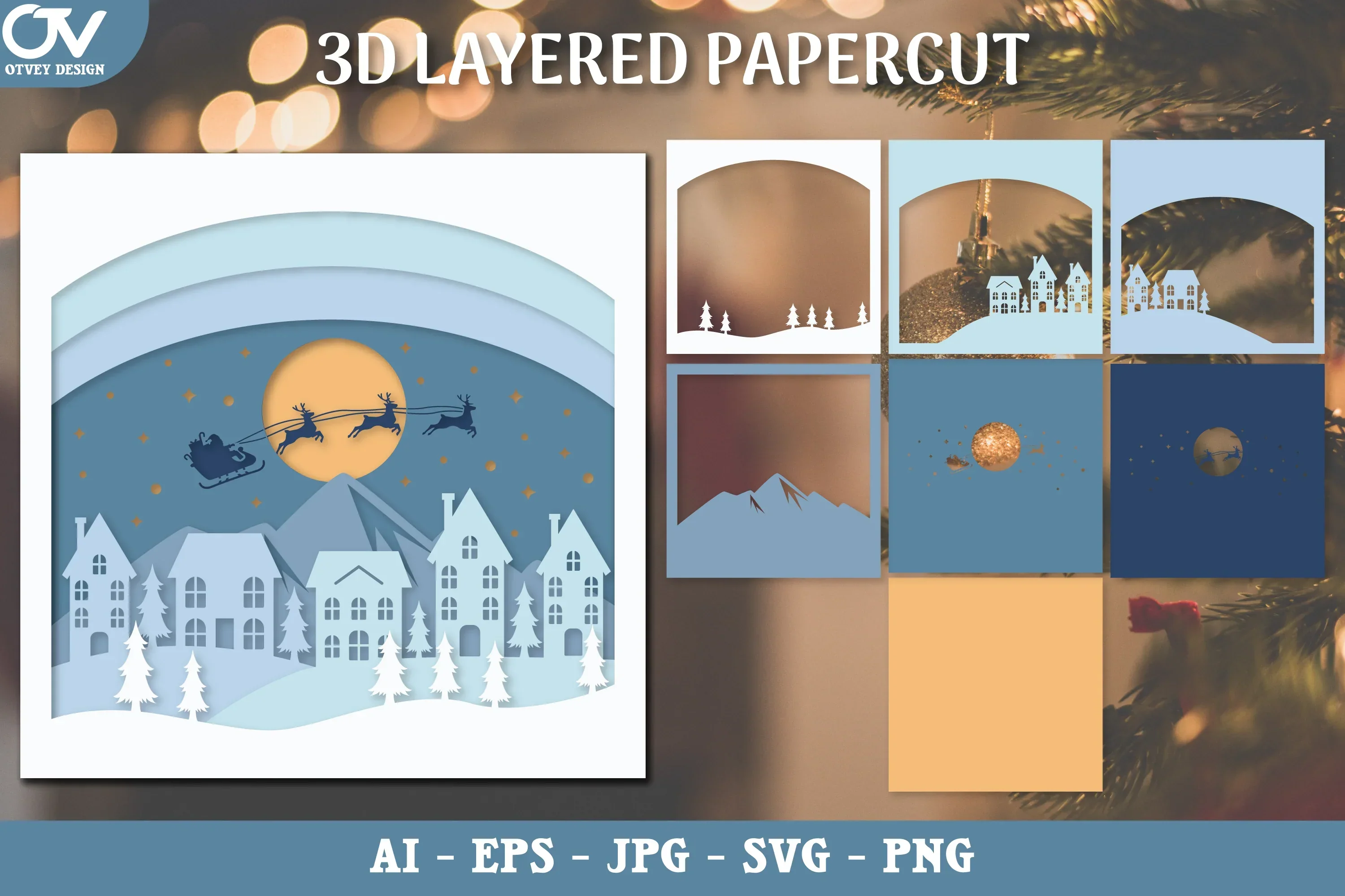 3D Christmas Deer & Santa Sleigh Layered Papercut SVG Bundle