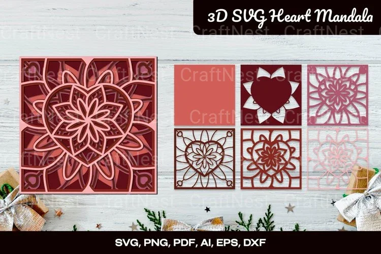3D Heart Mandala Love Shape Clipart Bundle