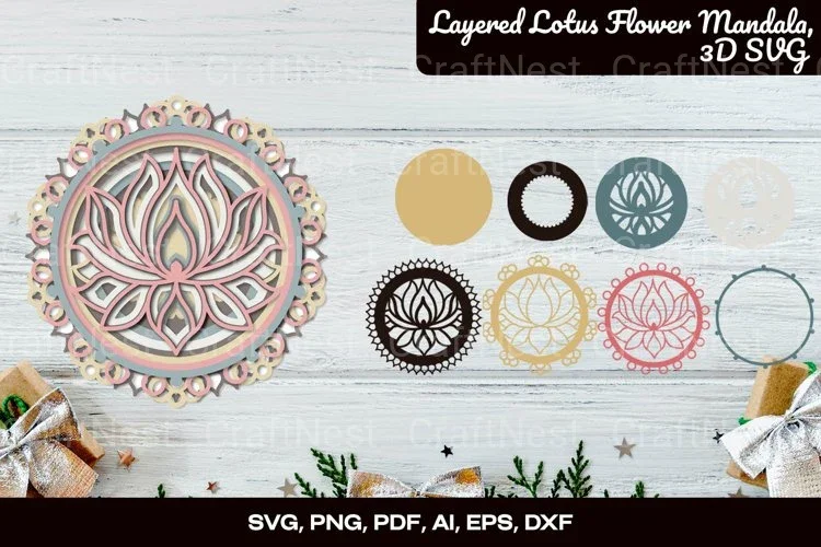 3D Layered Lotus Flower Mandala Clipart Bundle