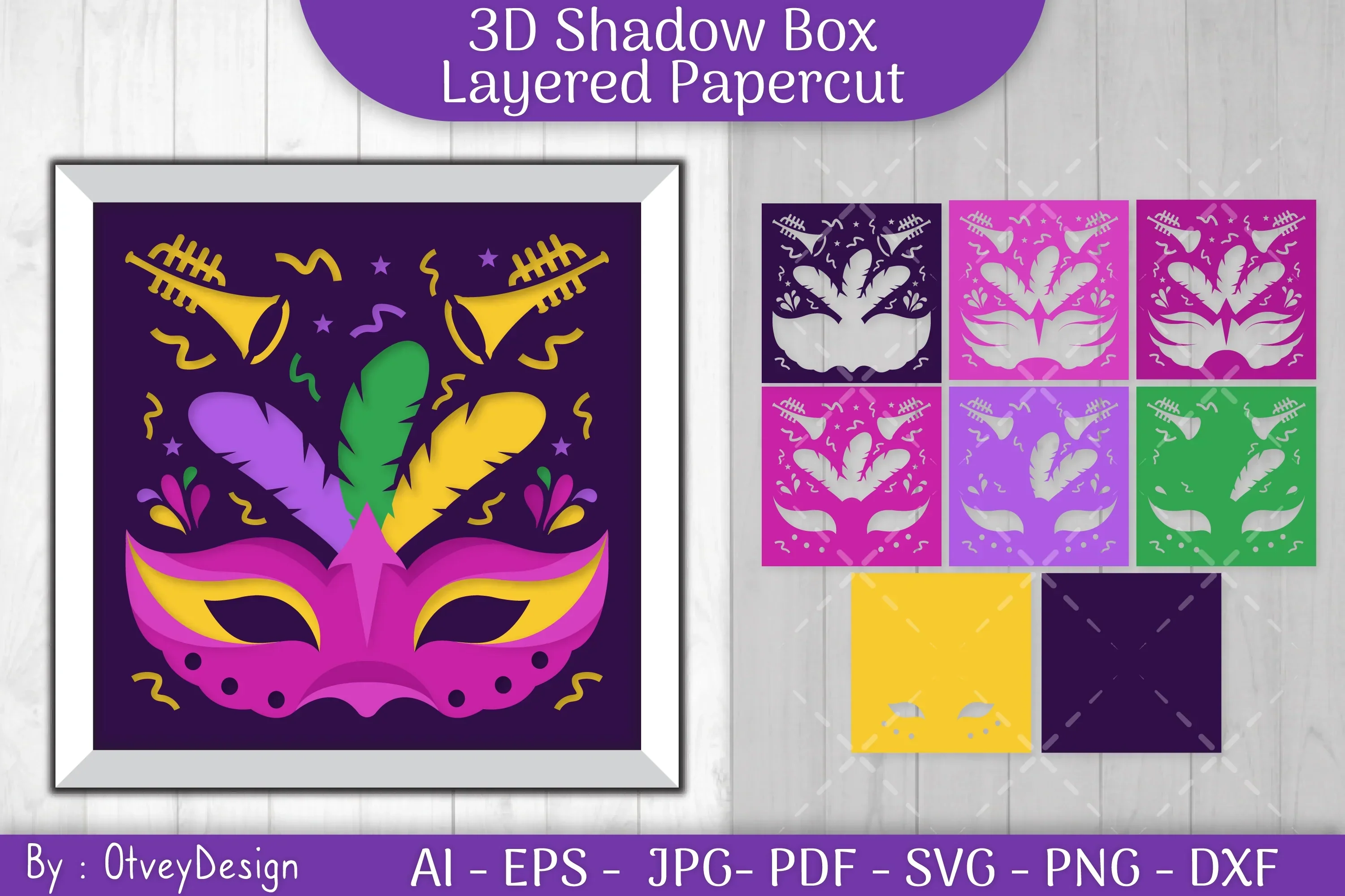 3D Mardi Gras Shadow Box Layered Papercut SVG Bundle - Image 2