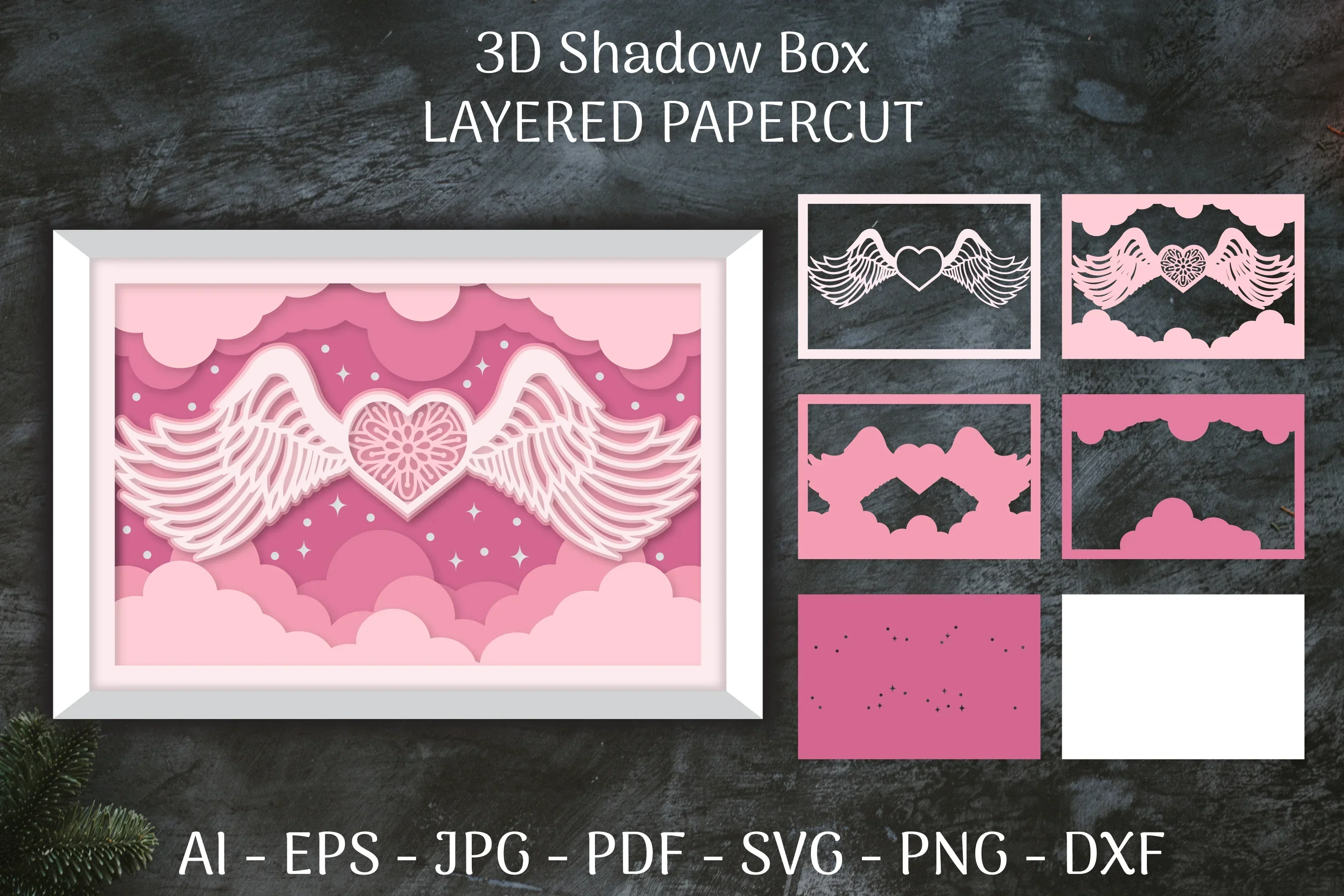 3D Shadow Box Love Angel Wings Layered Papercut SVG Bundle
