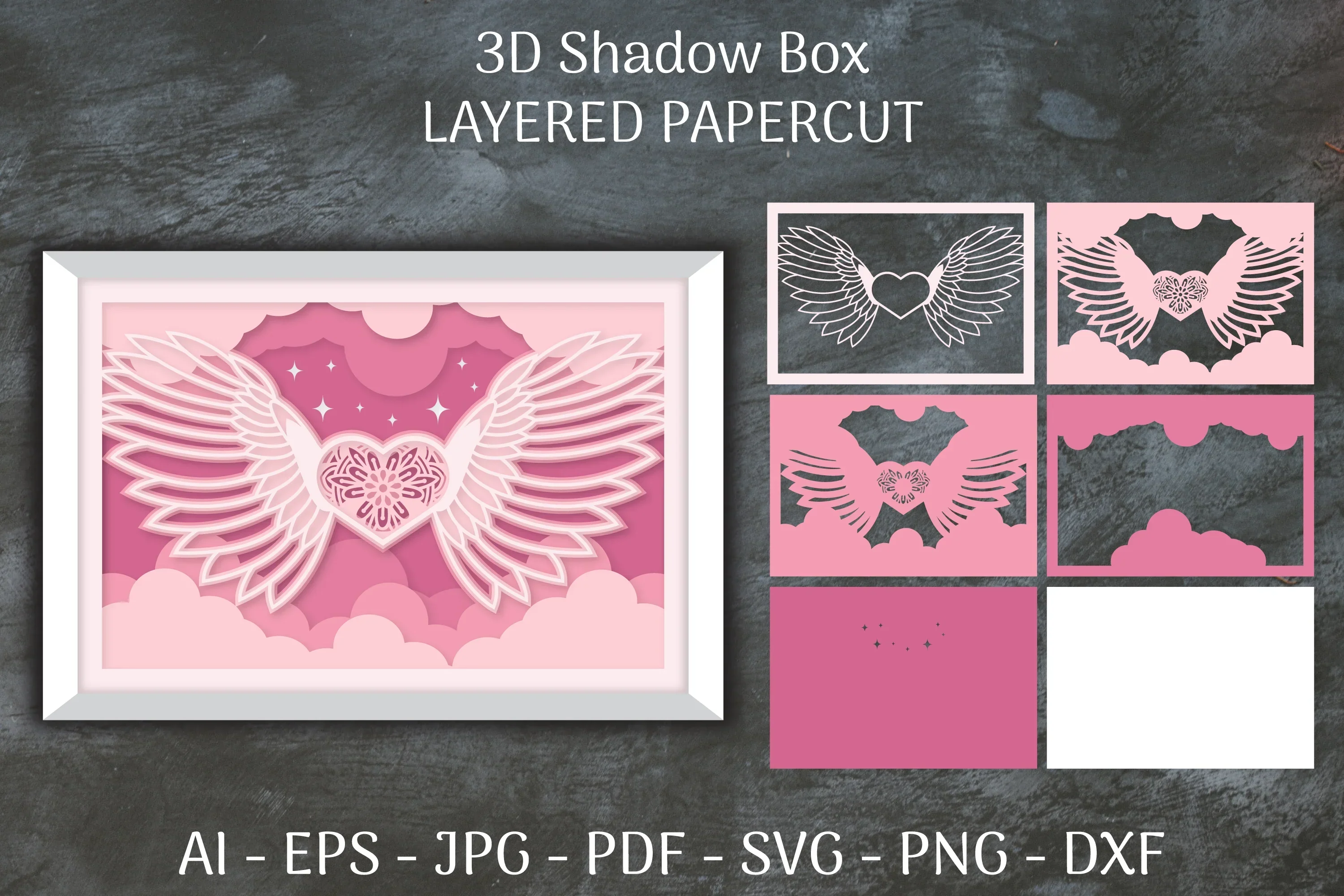 3D Shadow Box Love Angel Wings Layered Papercut SVG Bundle - Image 2