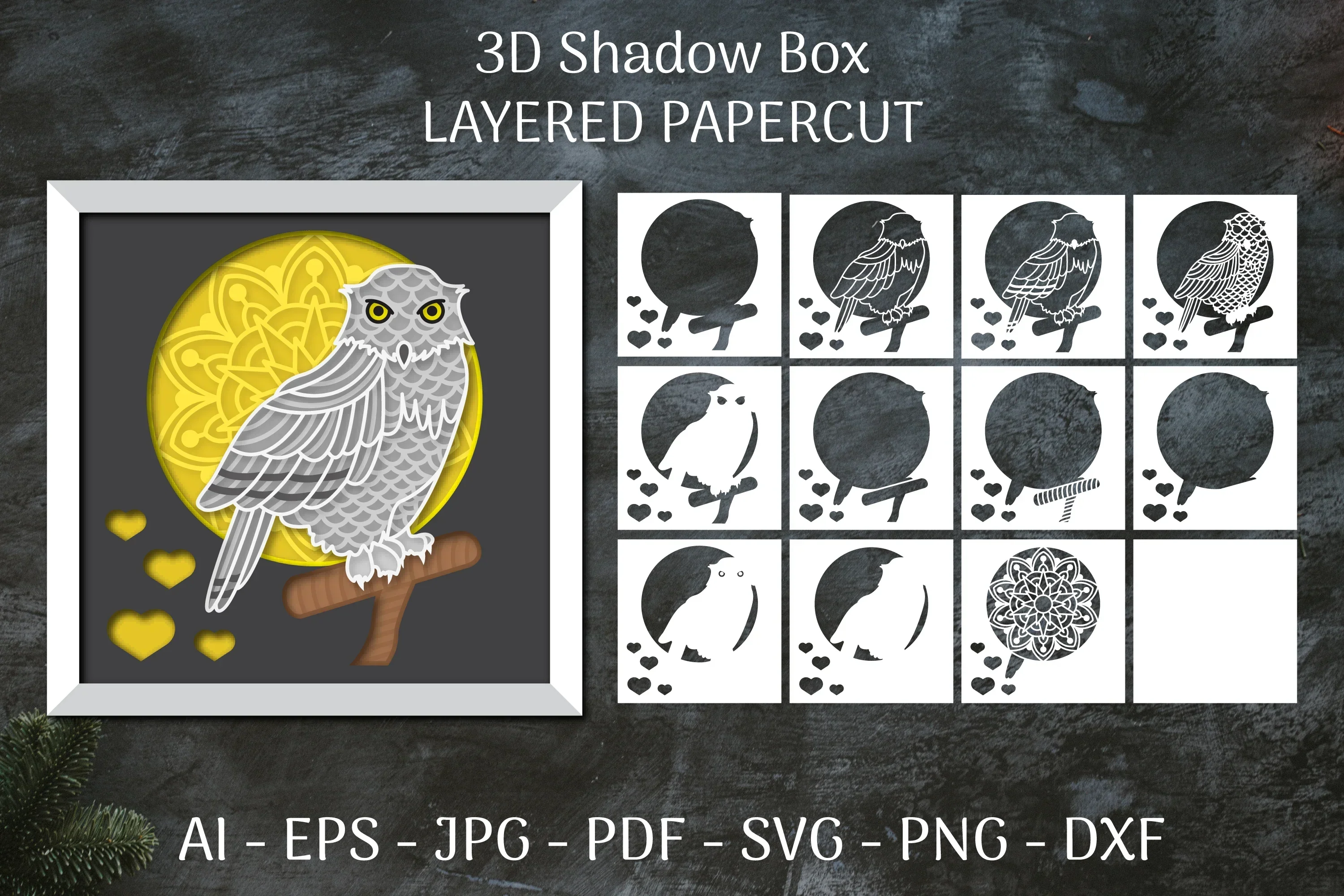 3D Shadow Box Snowy Owl SVG Bundle