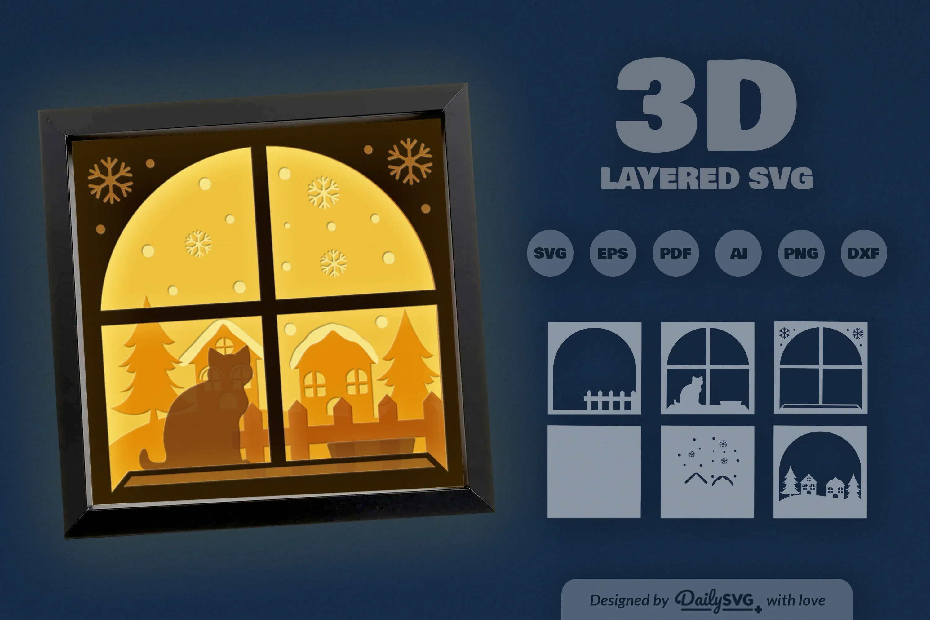 3D Winter Cat on Windows Papercut SVG Bundle - Image 3