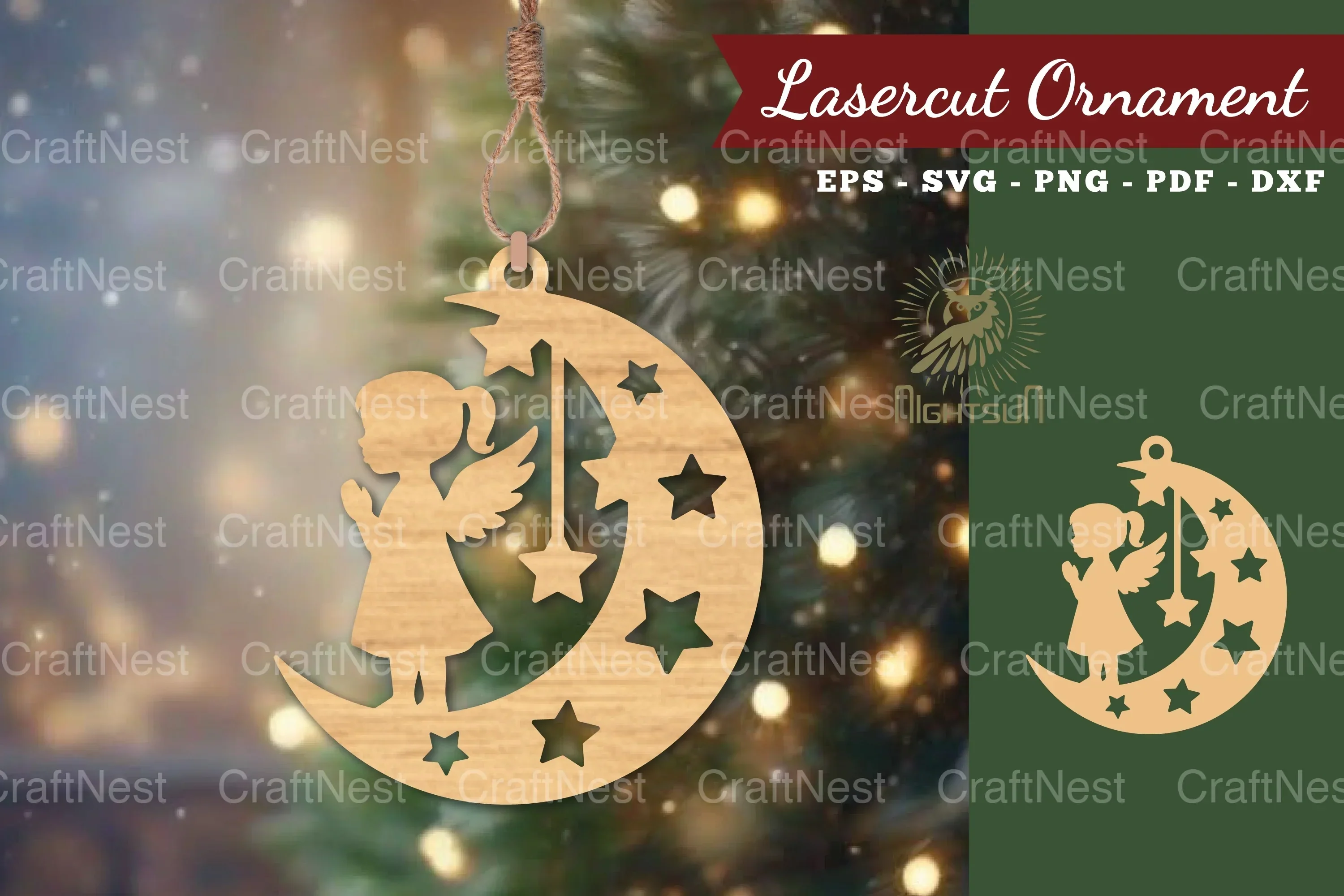 Angel Kids in Moon Lasercut Ornament SVG Clipart