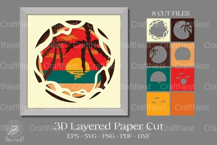 Beach 3D Shadow Box Paper Cut Design Bundle