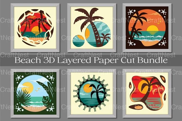 Beach Sunset 3D Layered Paper Cut Clipart Bundle