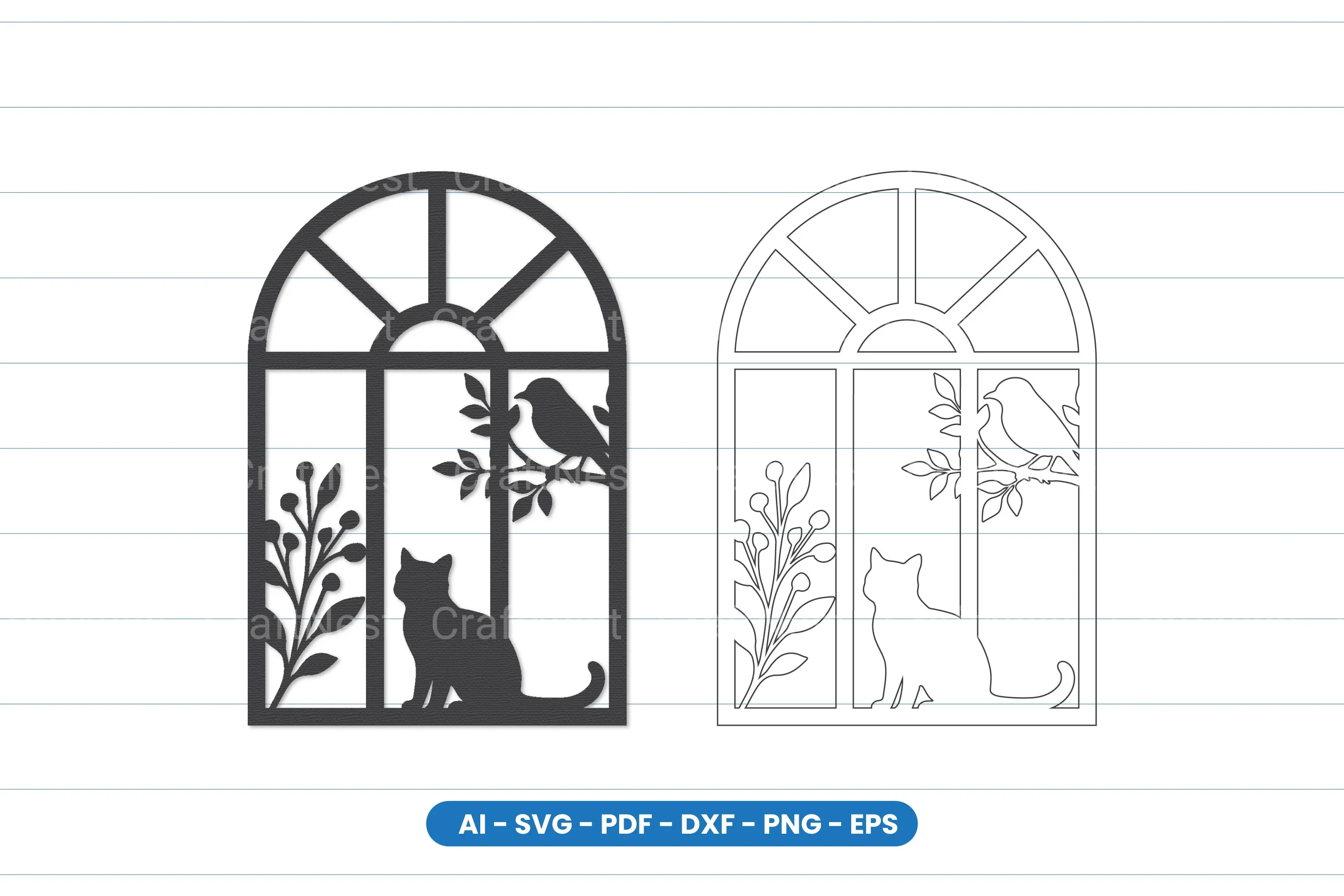 Cat and Bird Window Scene Laser Cut Clipart Bundle
