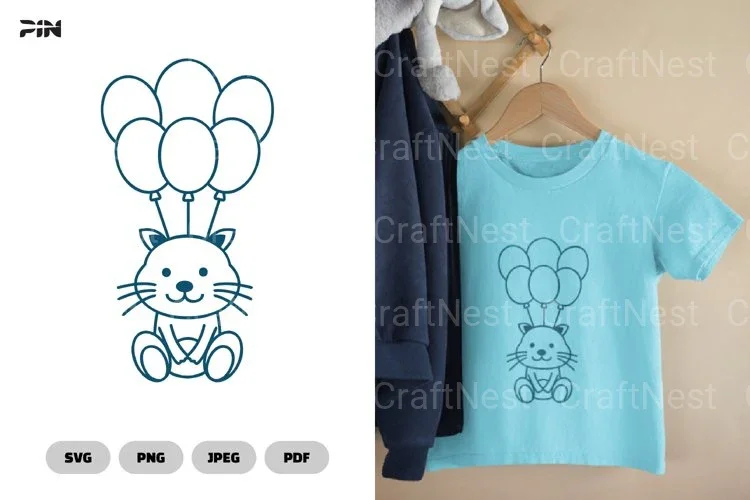 Cat Flying With Balloons Birthday Clipart Bundle