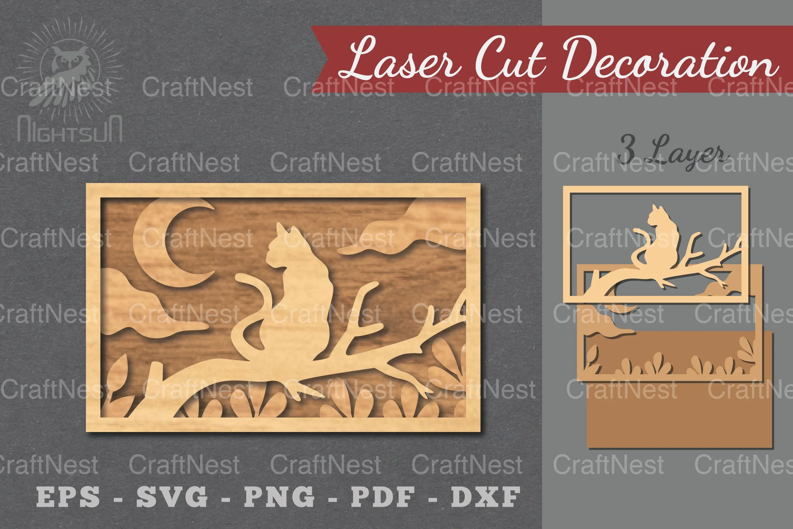 Cat in Tree Laser Cut Home Decor Clipart Bundle