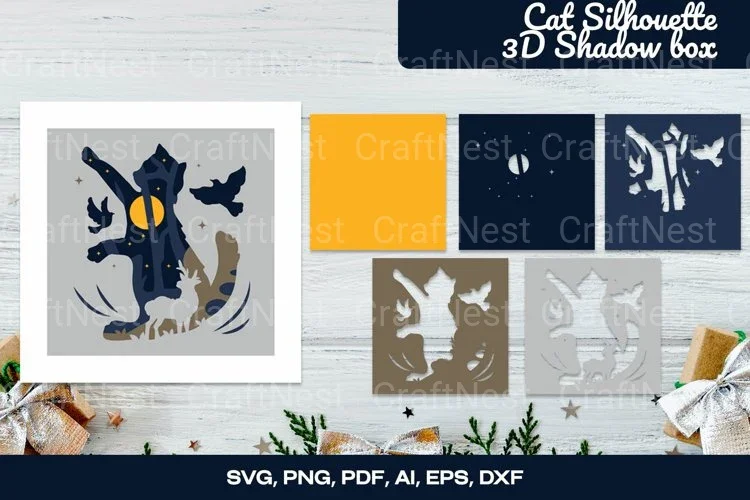 Cat Silhouette 3D Shadow Box Layered Papercut Bundle