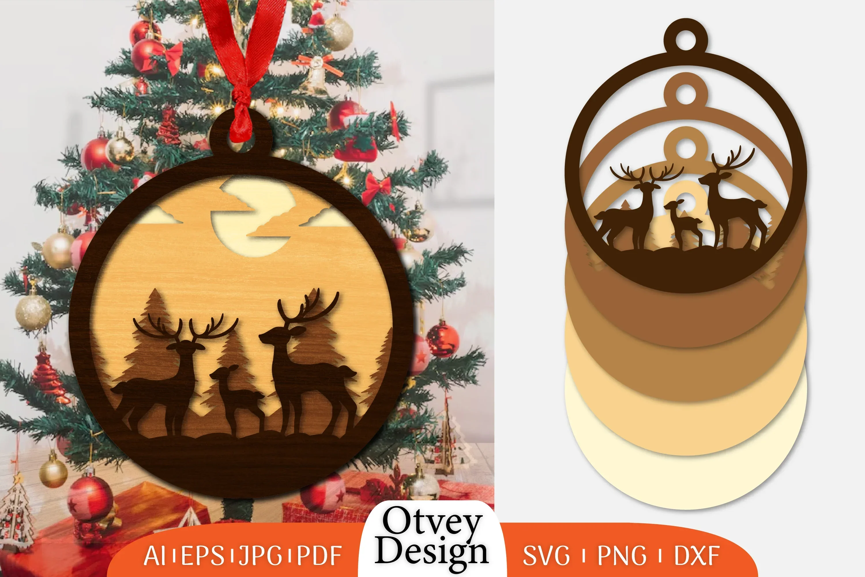 Christmas Deer 3D Round Ornament Layered Lasercut SVG Bundle
