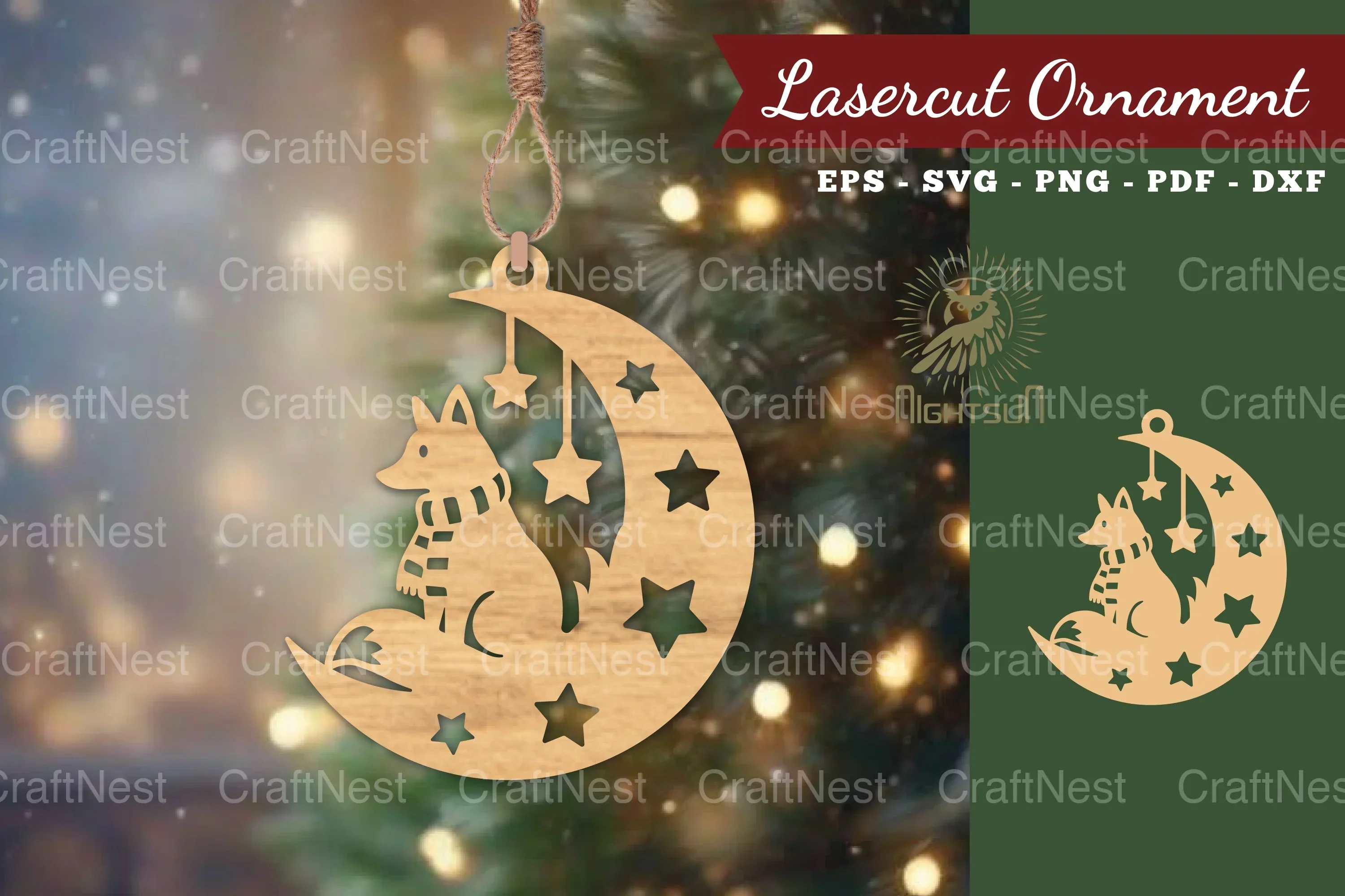 Christmas Fox in Moon Lasercut Ornament Clipart Bundle