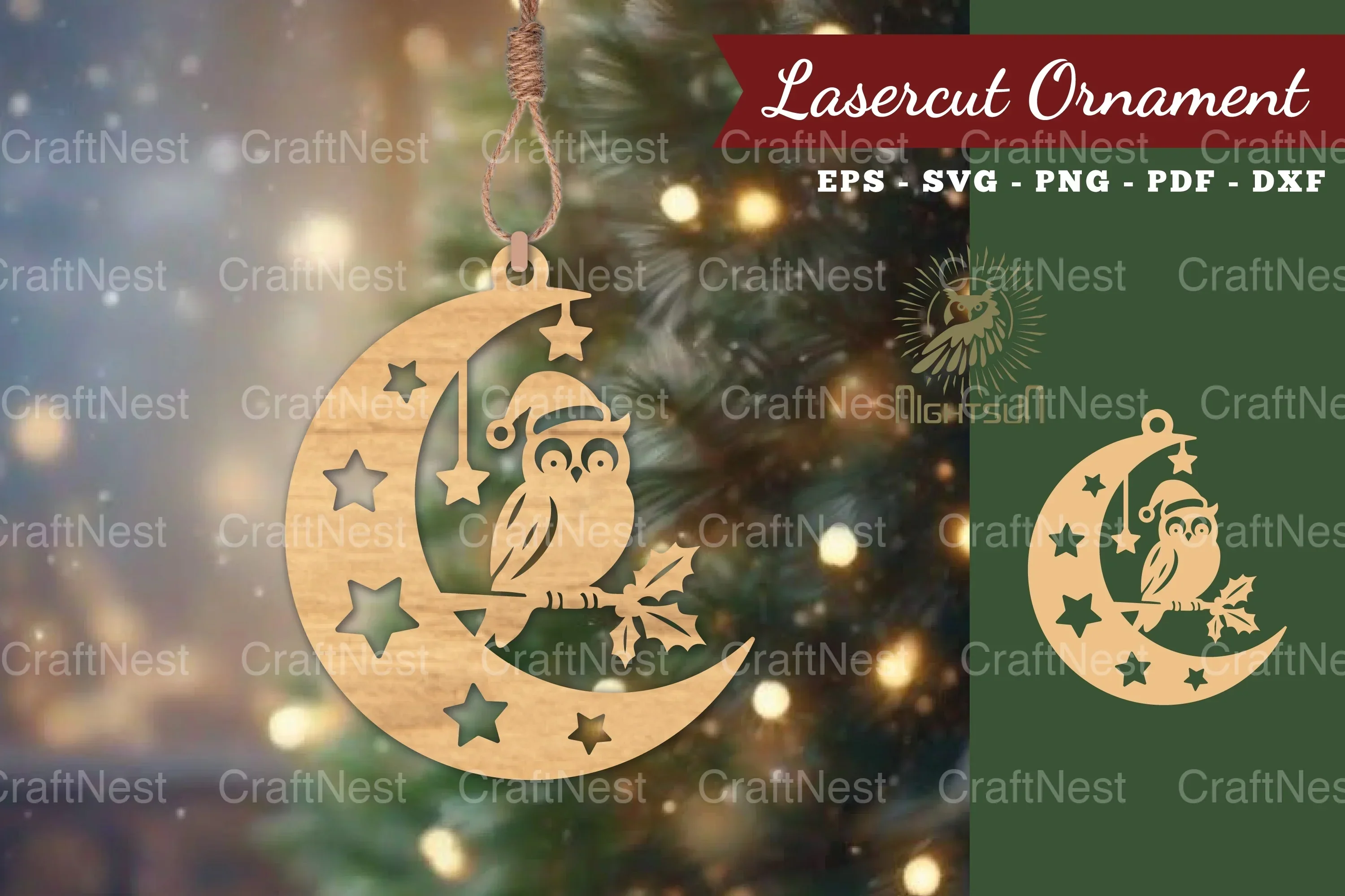 Christmas Owl in Moon Lasercut Ornament Clipart Bundle