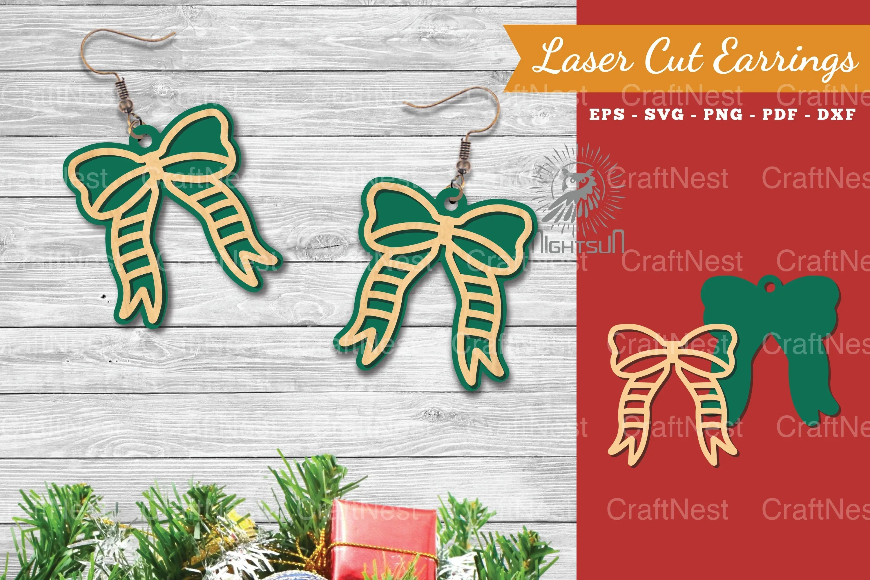 Christmas Ribbon Laser Cut Earrings SVG Bundle