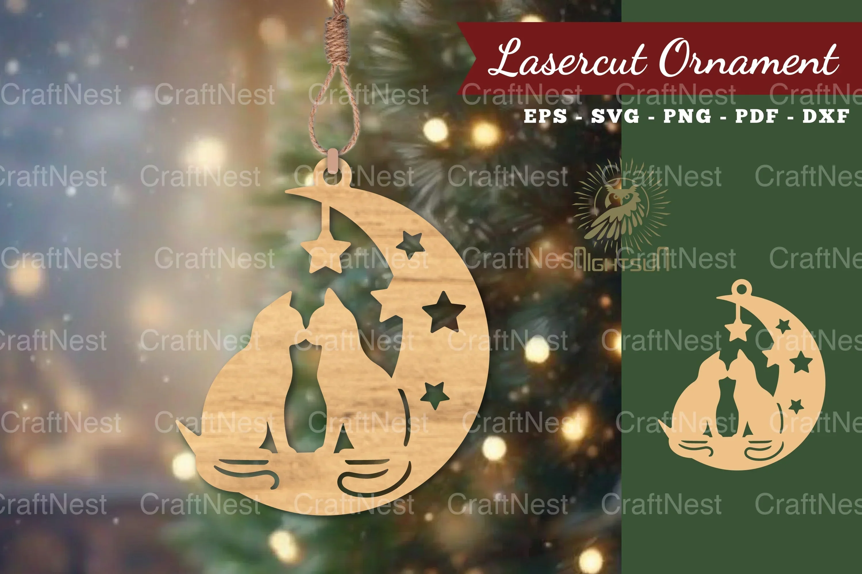 Couple Cat in Moon Lasercut Ornament Clipart Bundle