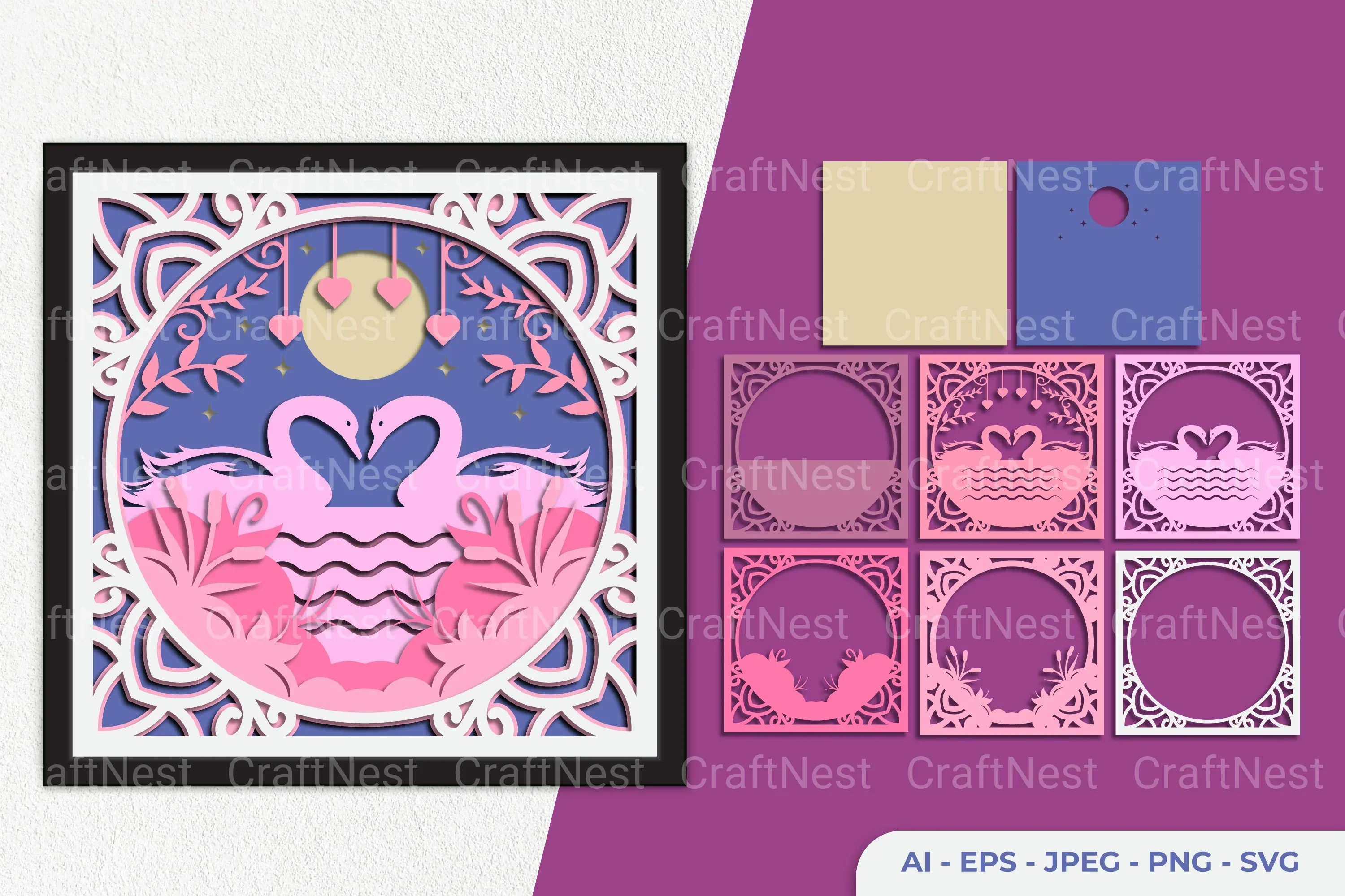 Couple Swan Layered Papercut Clipart Bundle