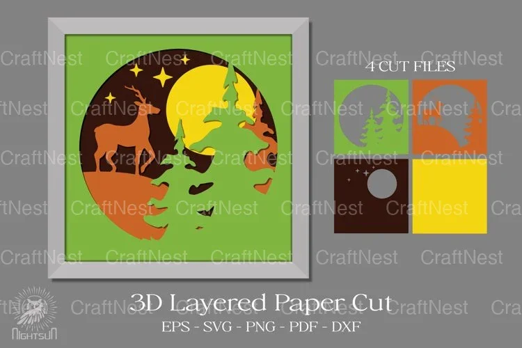 Deer in Forest 3D Light Box Paper Cut Design Bundle