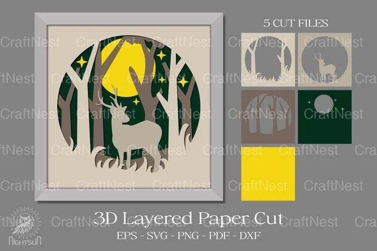 Deer in Forest 3D Shadow Box Paper Cut Design Bundle