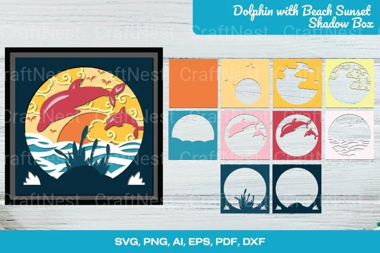 Dolphin Beach Sunset Shadow Box SVG Bundle