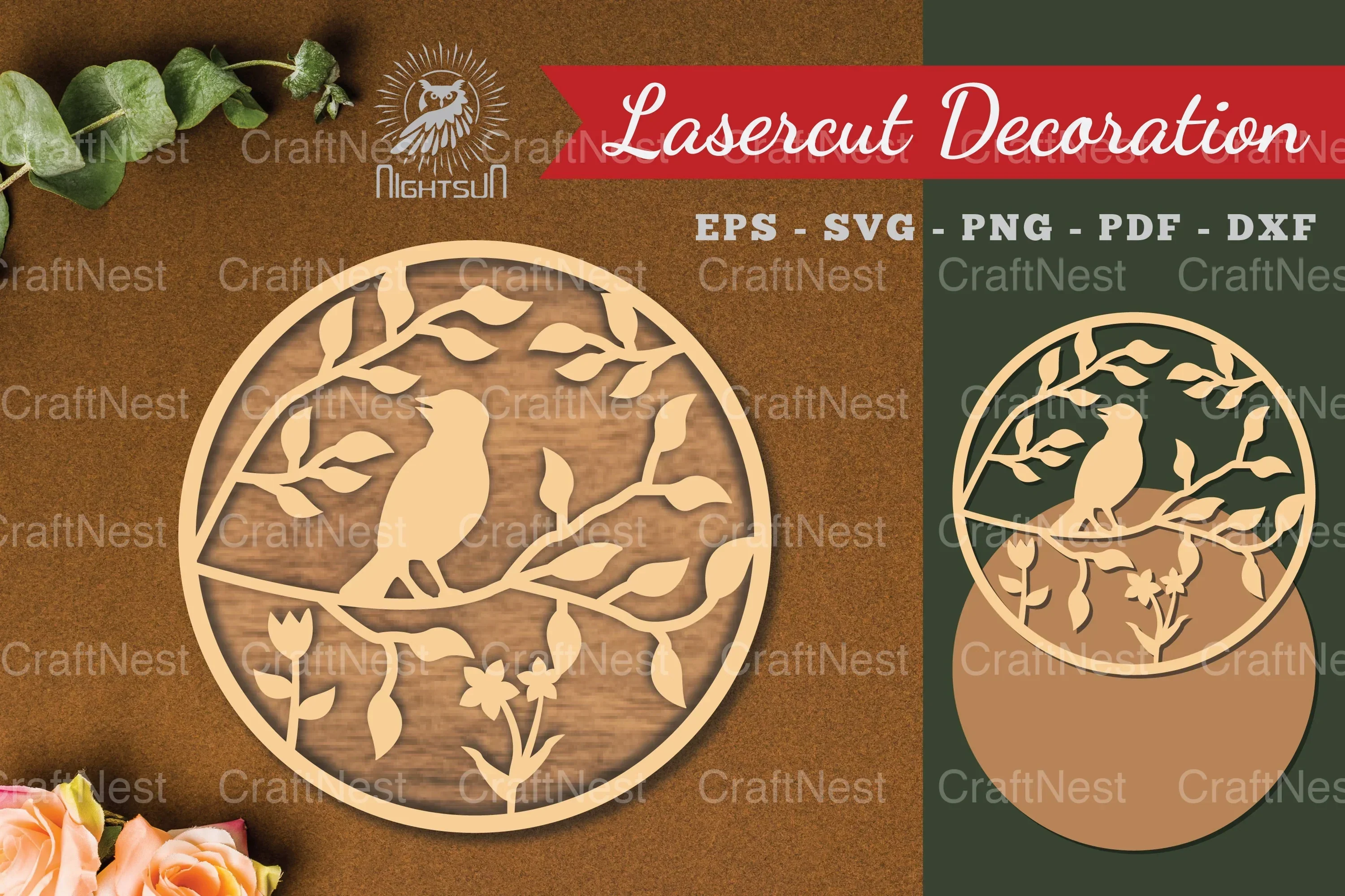 Floral Bird Round Laser Cut Decoration Clipart Bundle