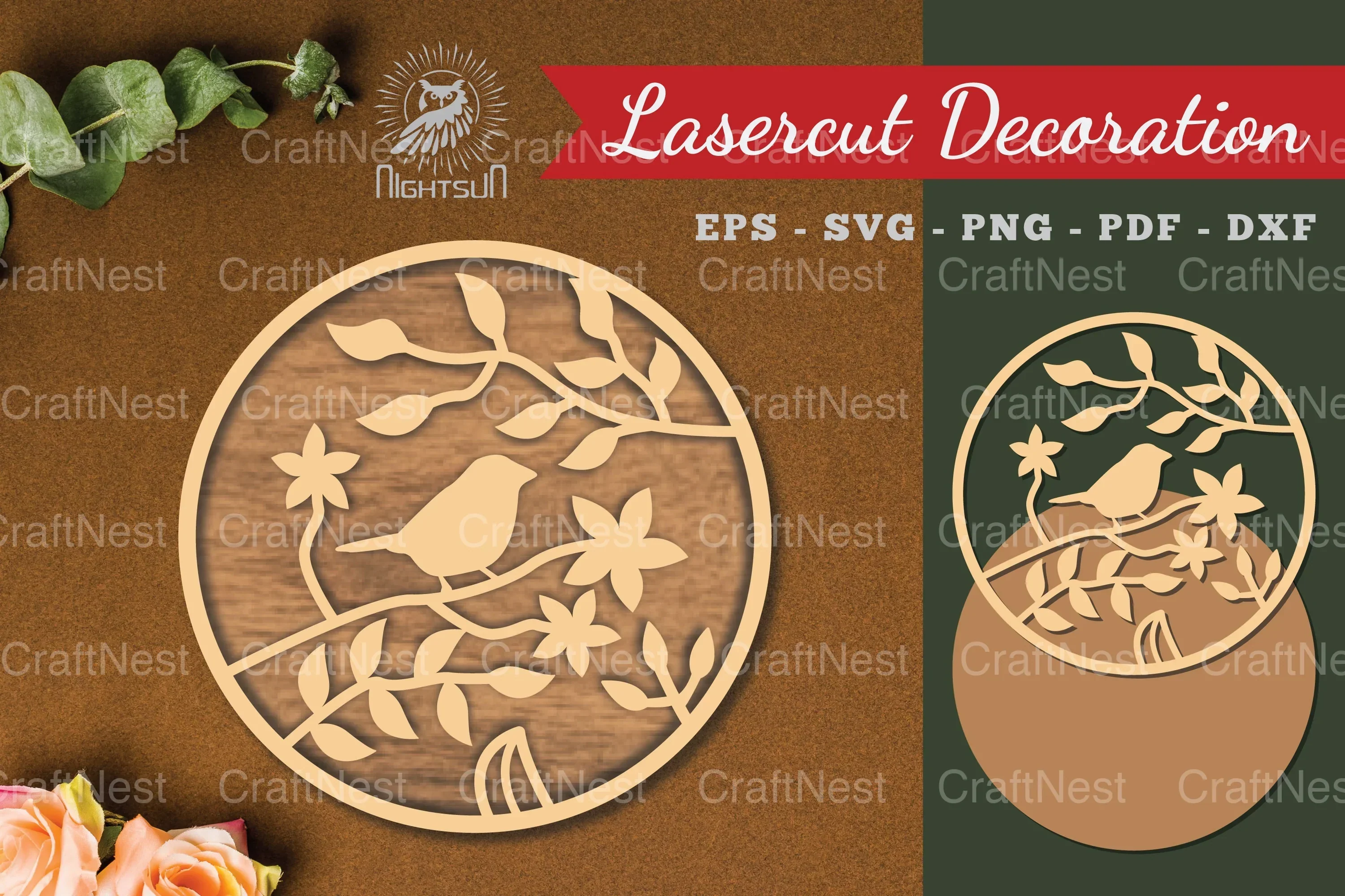 Floral Bird Round Laser Cut Decoration Clipart Bundle