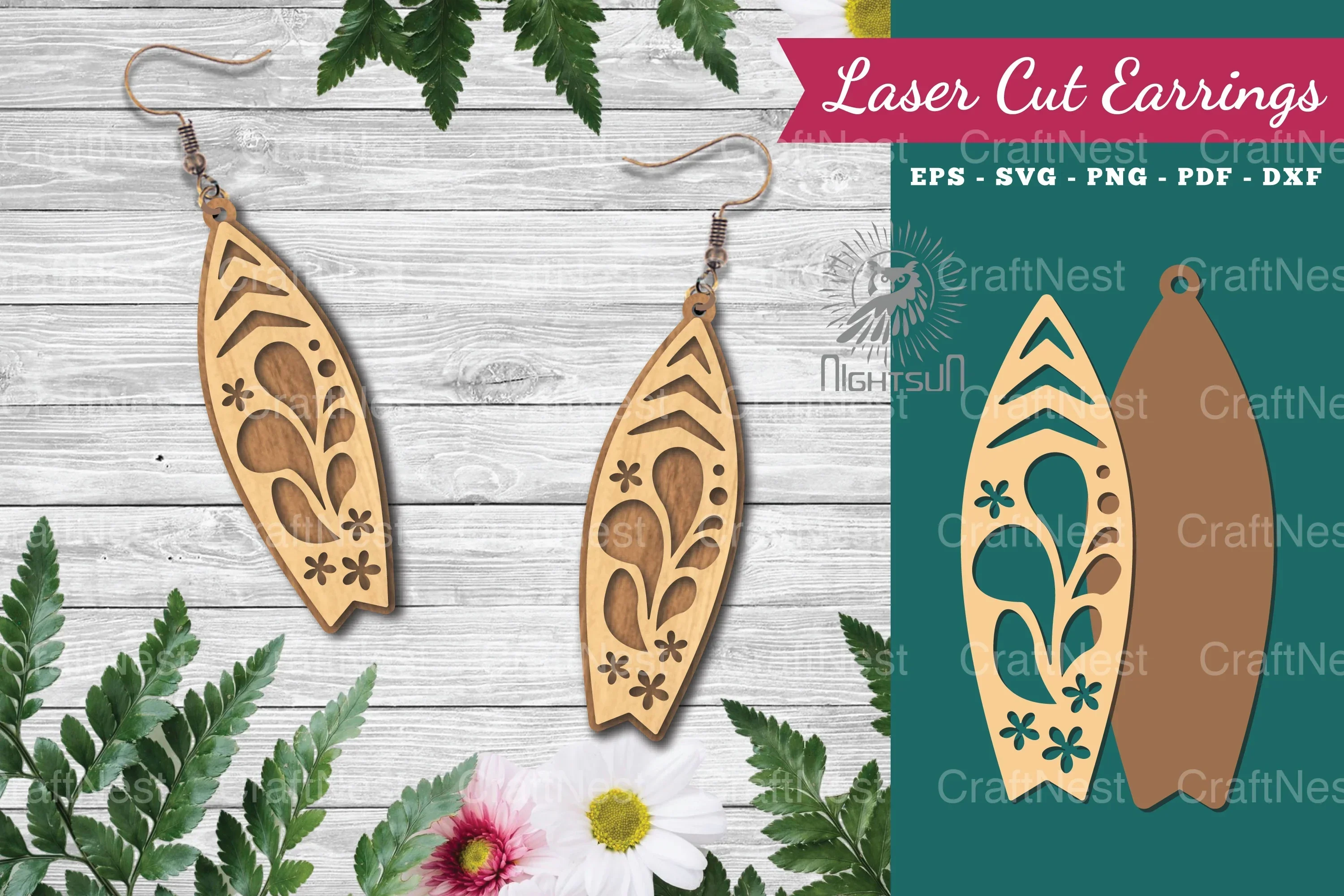 Floral Surfboard Laser Cut Earrings Design Bundle