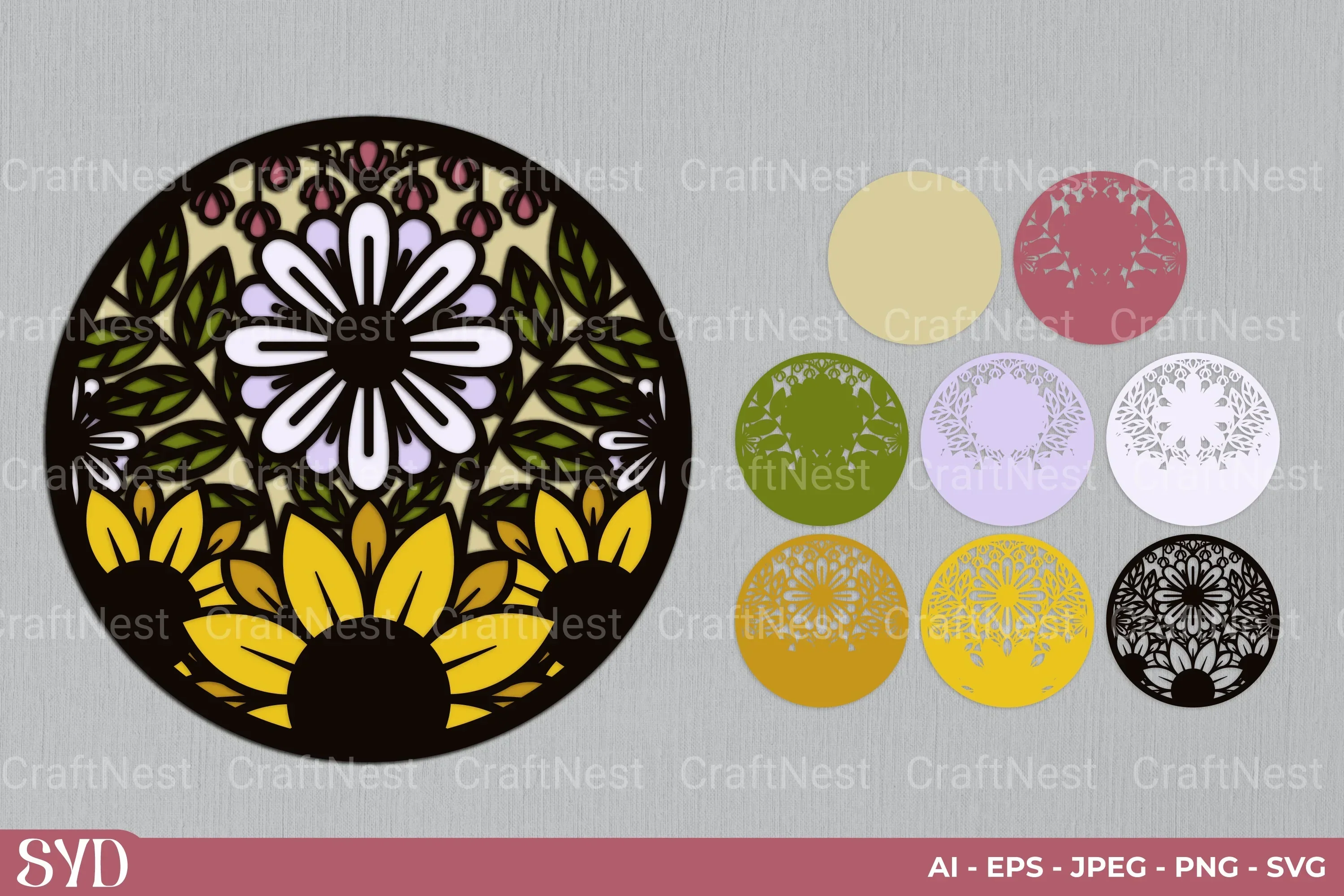 Flower Round 3D Layered Papercut Clipart Bundle