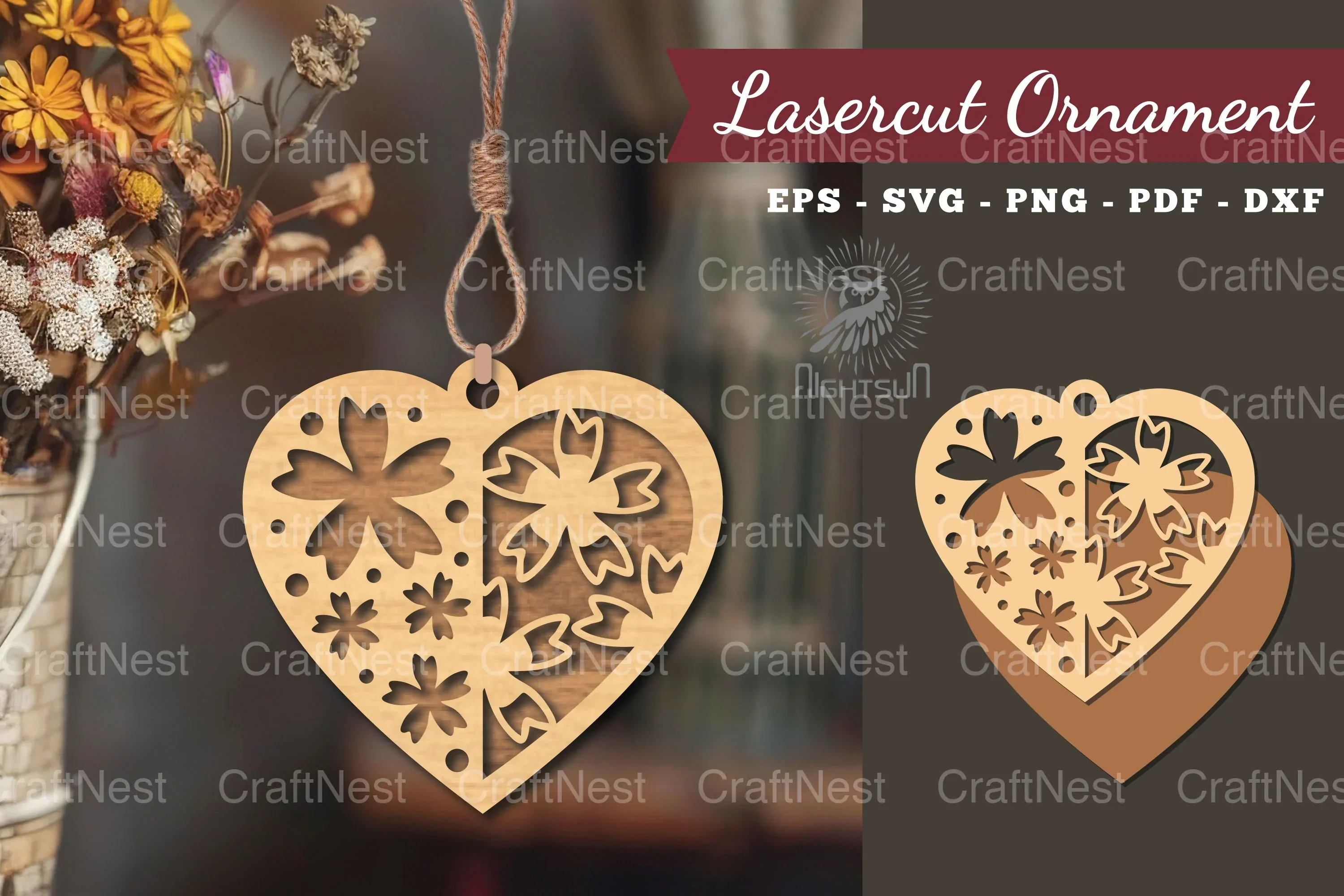 Flowers Heart Laser Cut Ornament Clipart Bundle