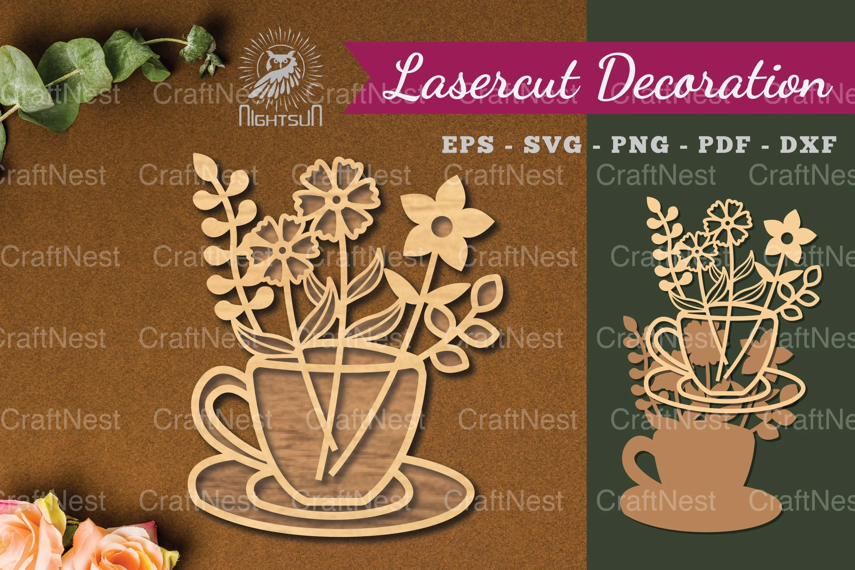 Flowers in Cup Laser Cut Decoration Clipart Bundle