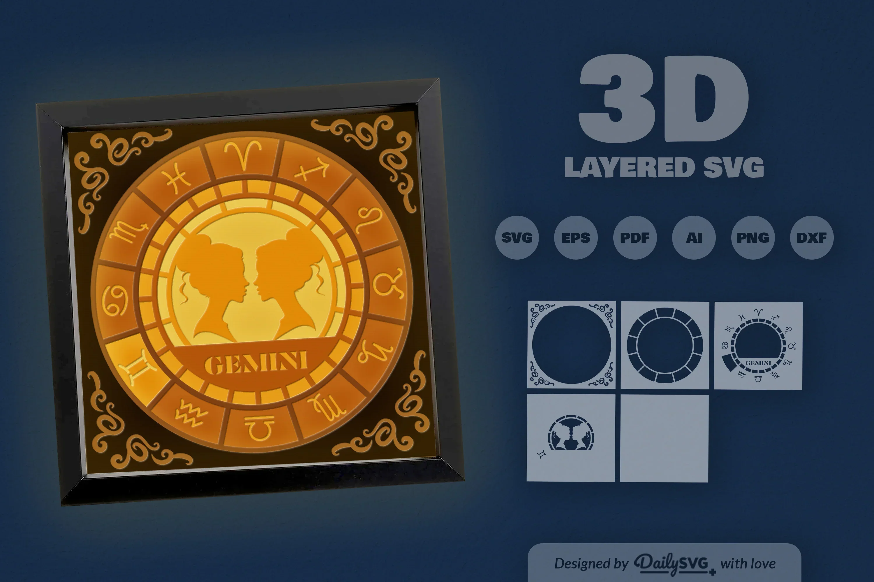 Gemini Zodiac 3D Shadow Box Papercut SVG Bundle - Image 3