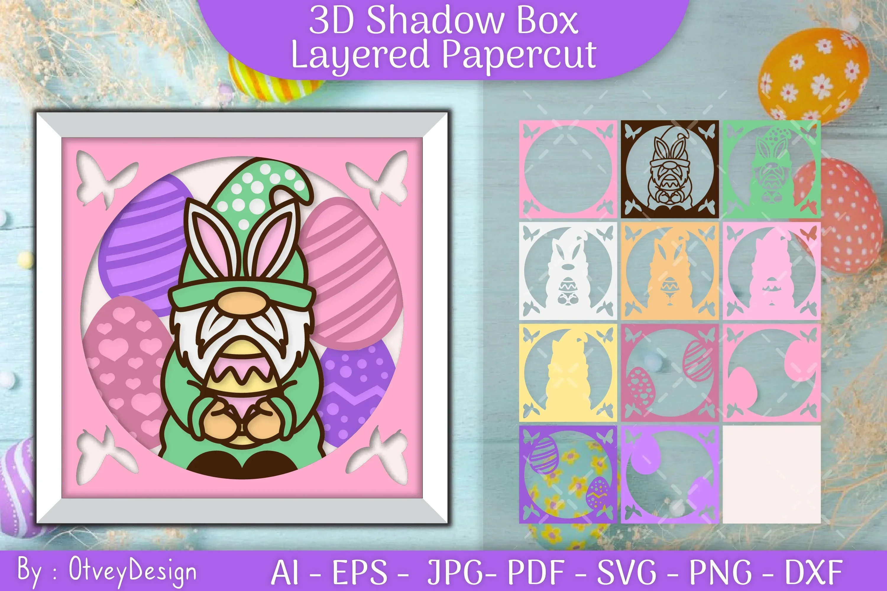 Gnome Easter 3D Shadow Box Layered Papercut SVG Bundle