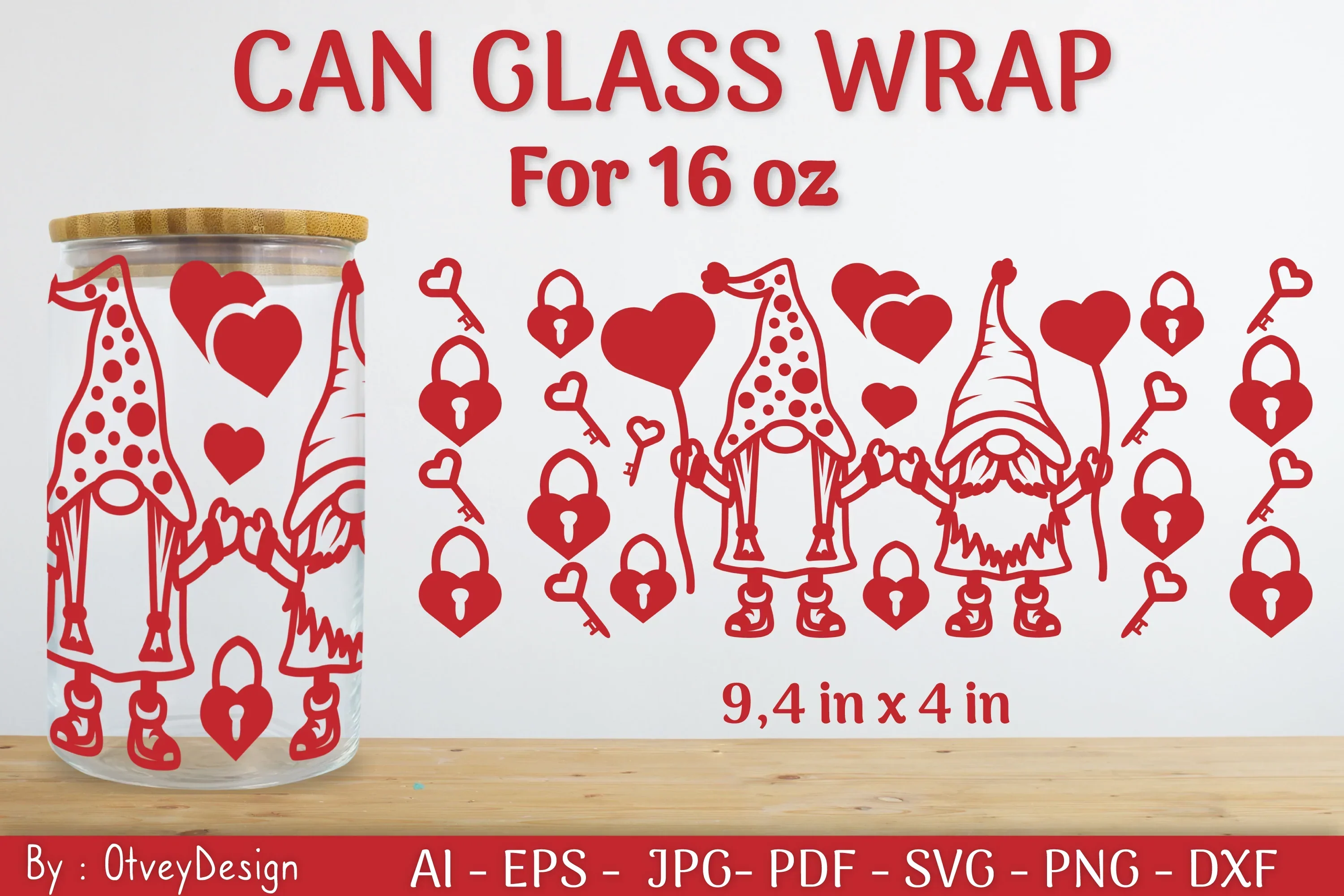 Gnome Valentine Can Glass 16 OZ SVG Bundle