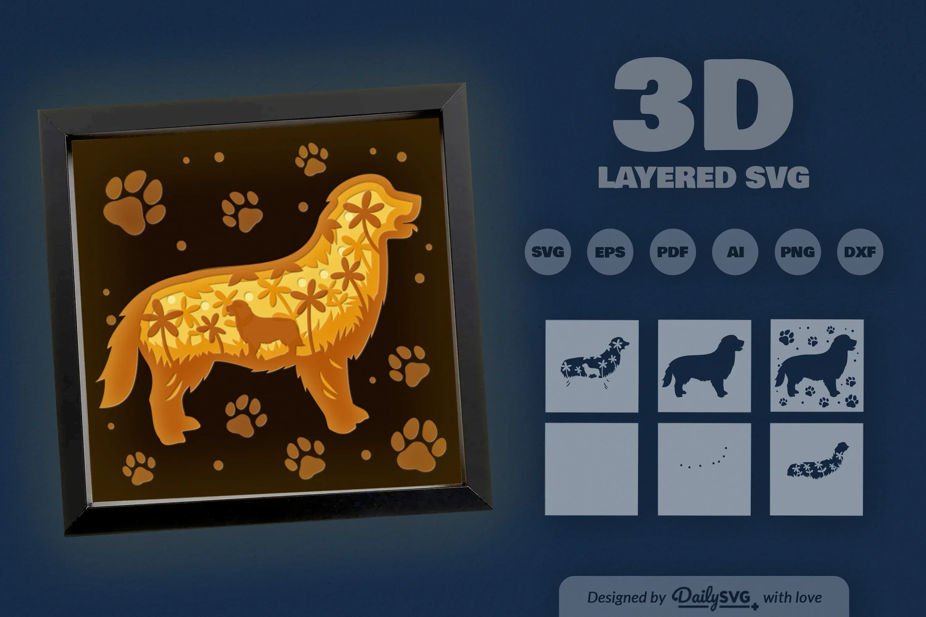 Golden Retriever Floral Silhouette Papercut SVG Bundle - Image 3