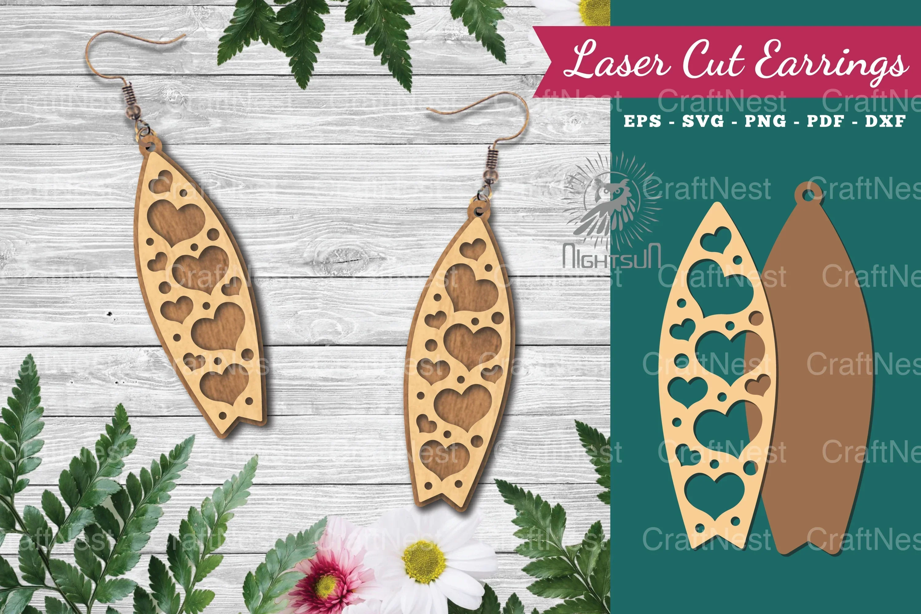 Heart Surfboard Laser Cut Earrings Design Bundle
