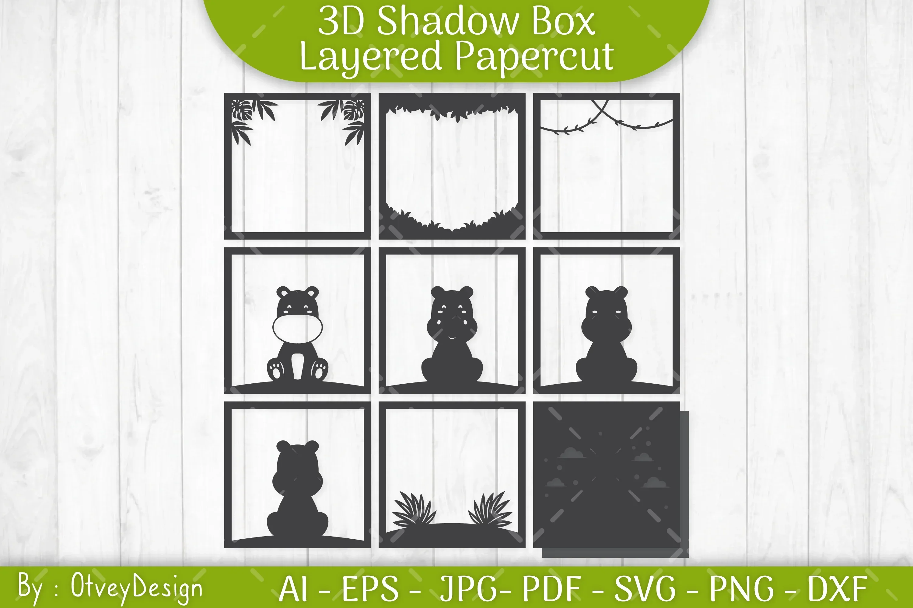 Hippopotamus Shadow Box Layered Papercut SVG Bundle - Image 3