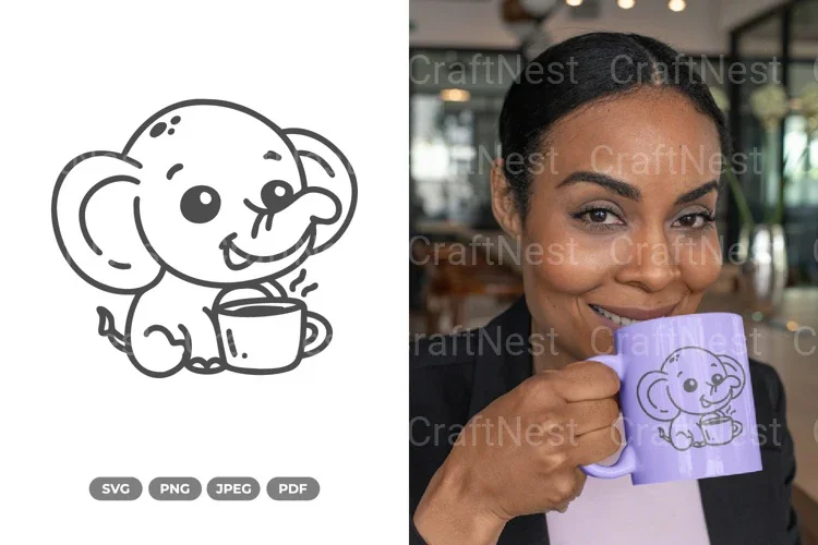 Kawaii Elephant Drinking Coffee Cute SVG Bundle