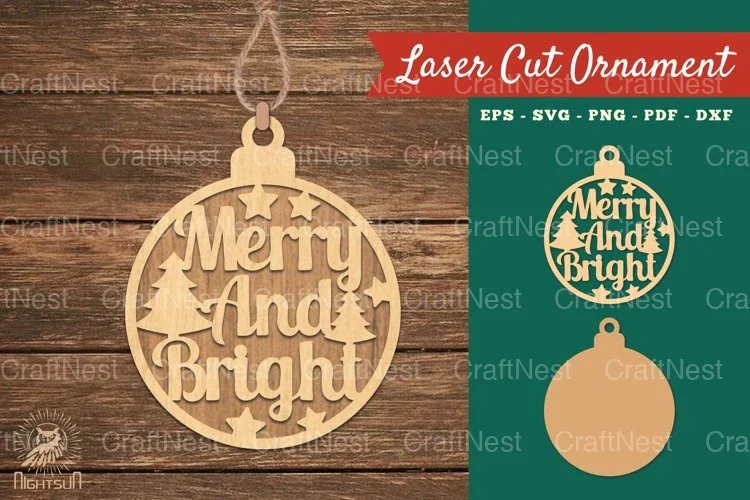 Merry and Bright Laser Cut Ornament SVG Clipart
