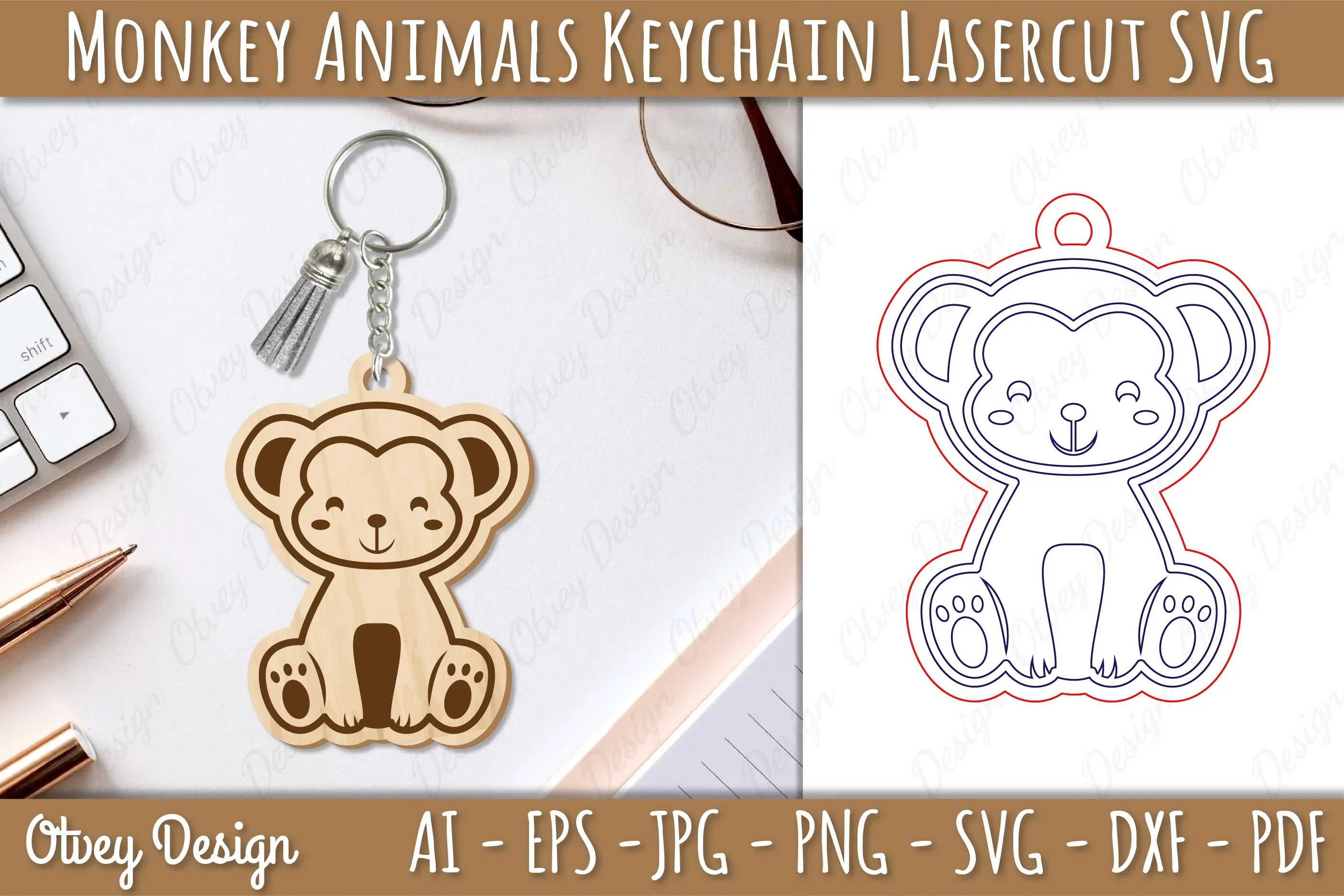 Monkey Animal Keychain Laser Cut SVG Bundle