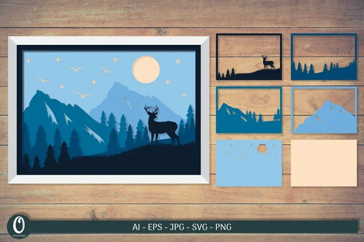 Mountain Deer Landscape Layered Papercut 3D Shadowbox SVG Bundle