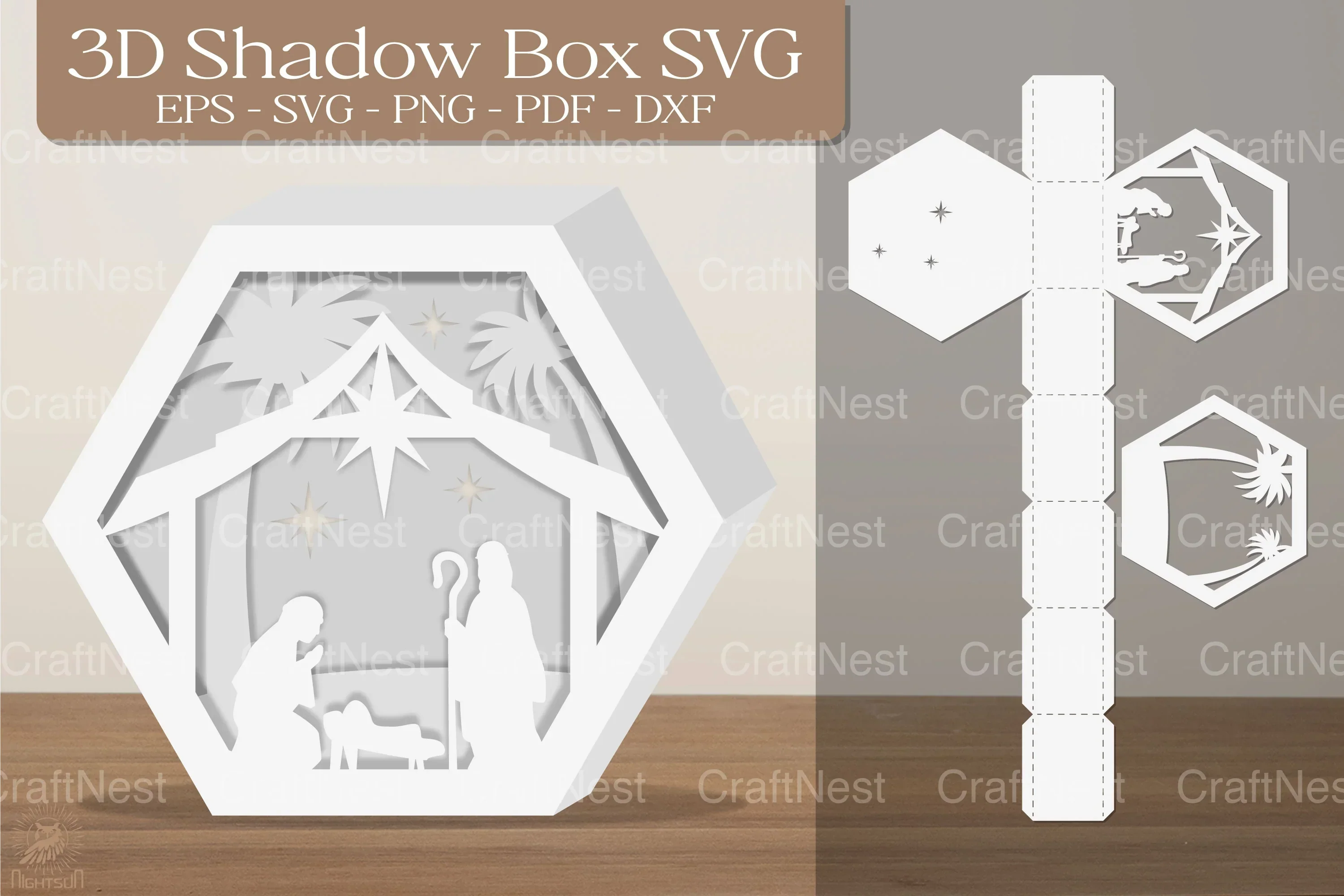 Nativity Hexagon 3D Shadow Box Clipart Bundle