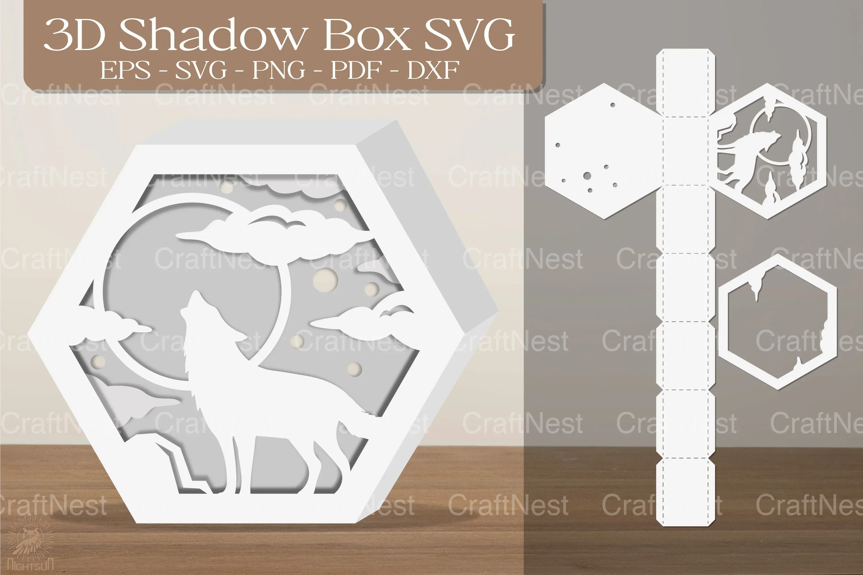 Night Wolf 3D Shadow Box Clipart Bundle