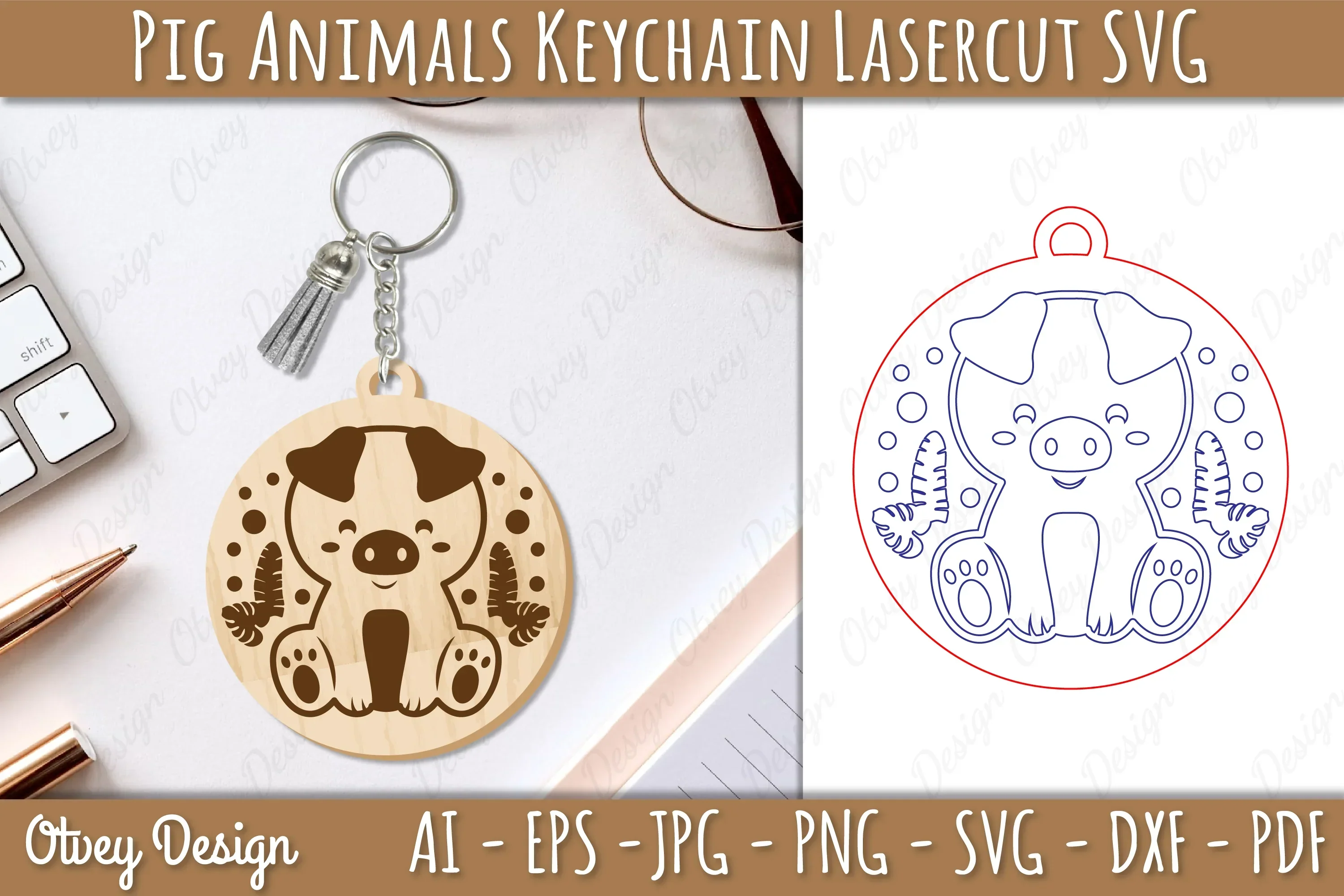 Pig Animal Keychain Laser Cut SVG Bundle