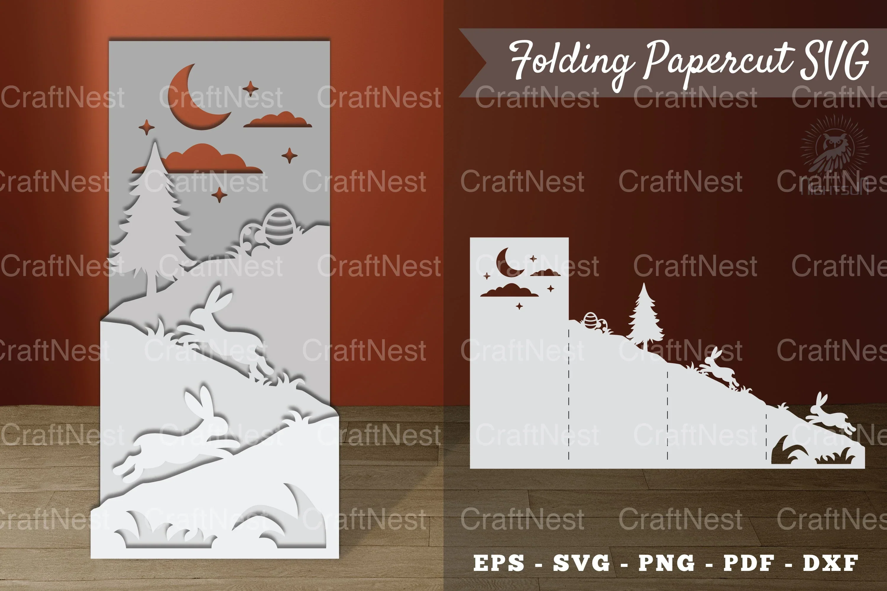 Rabbits Hunt Eggs in the Forest Papercut SVG Bundle