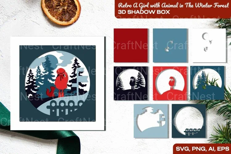 Retro Girl with Animal in Winter Forest 3D Shadow Box SVG Bundle