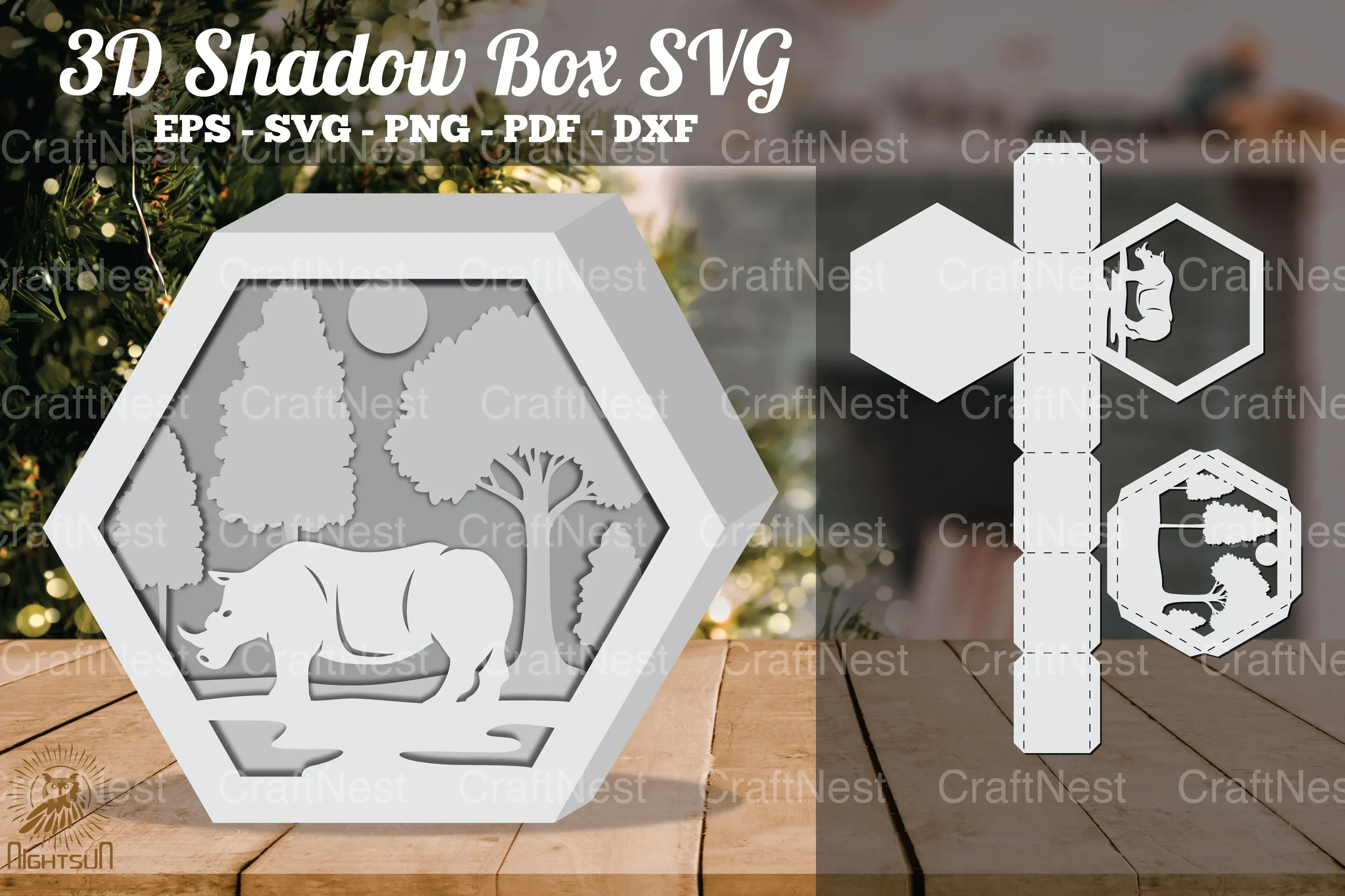 Rhino in Forest 3D Shadow Box SVG Bundle