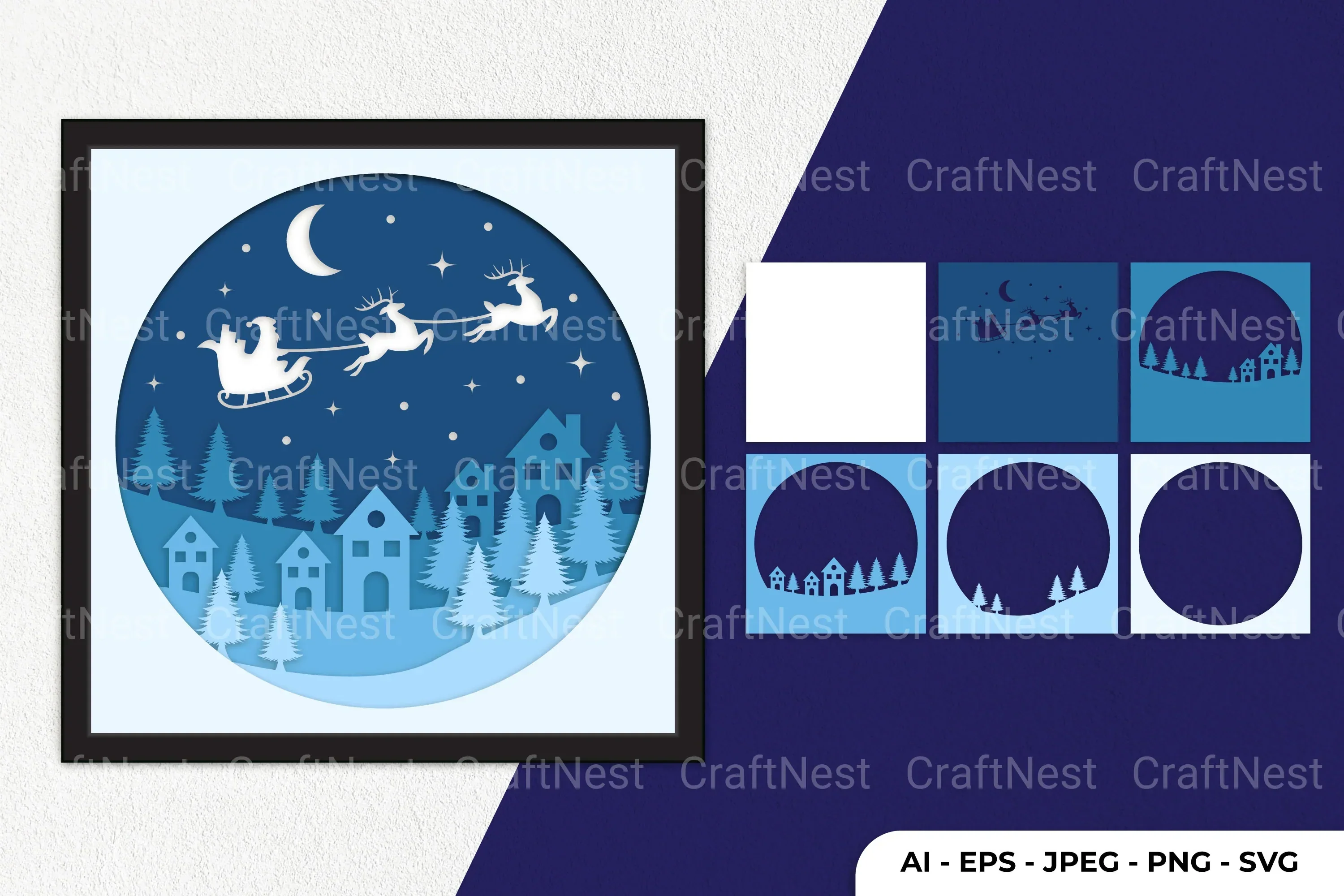 Santa in Christmas Night Papercut SVG Bundle