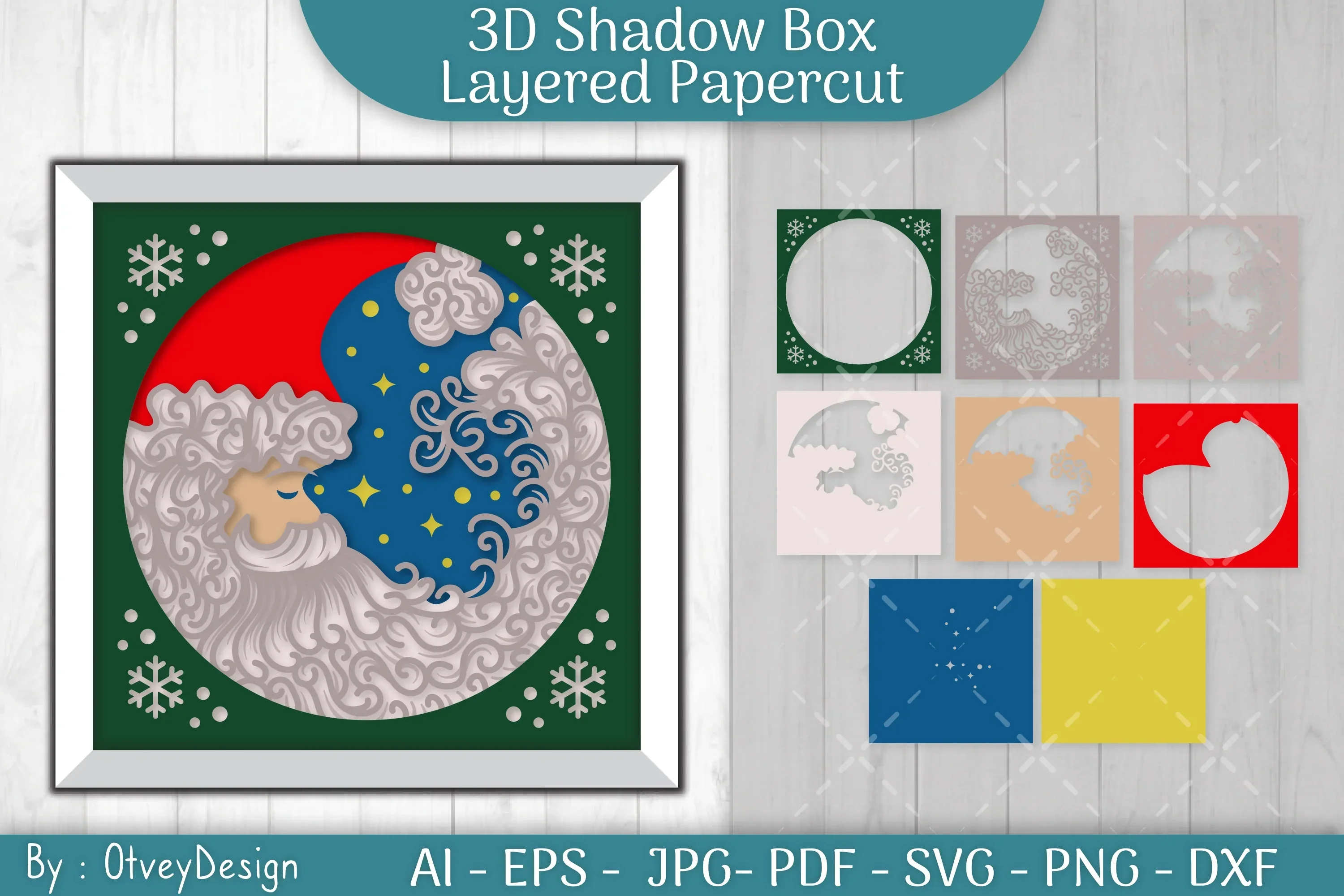 Santa Moon 3D Shadow Box Layered Papercut SVG Bundle
